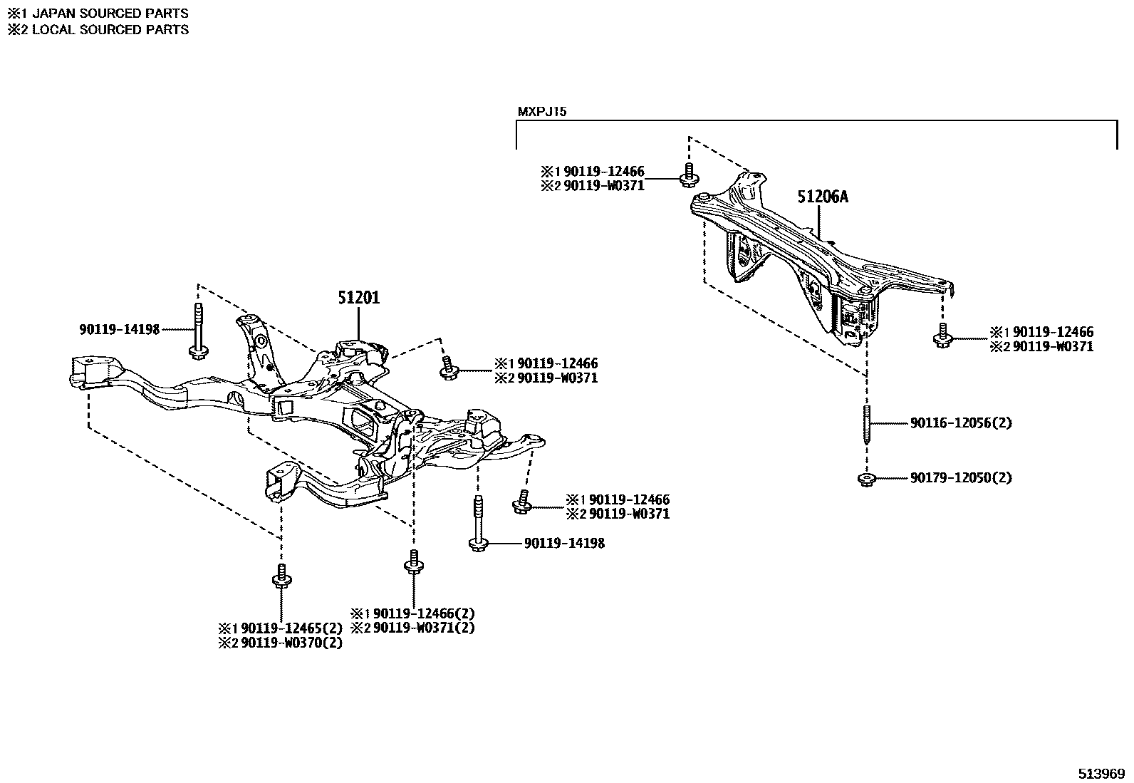 Toyota YARIS 悬架横梁和发动机底罩 EPC diagram — 513969