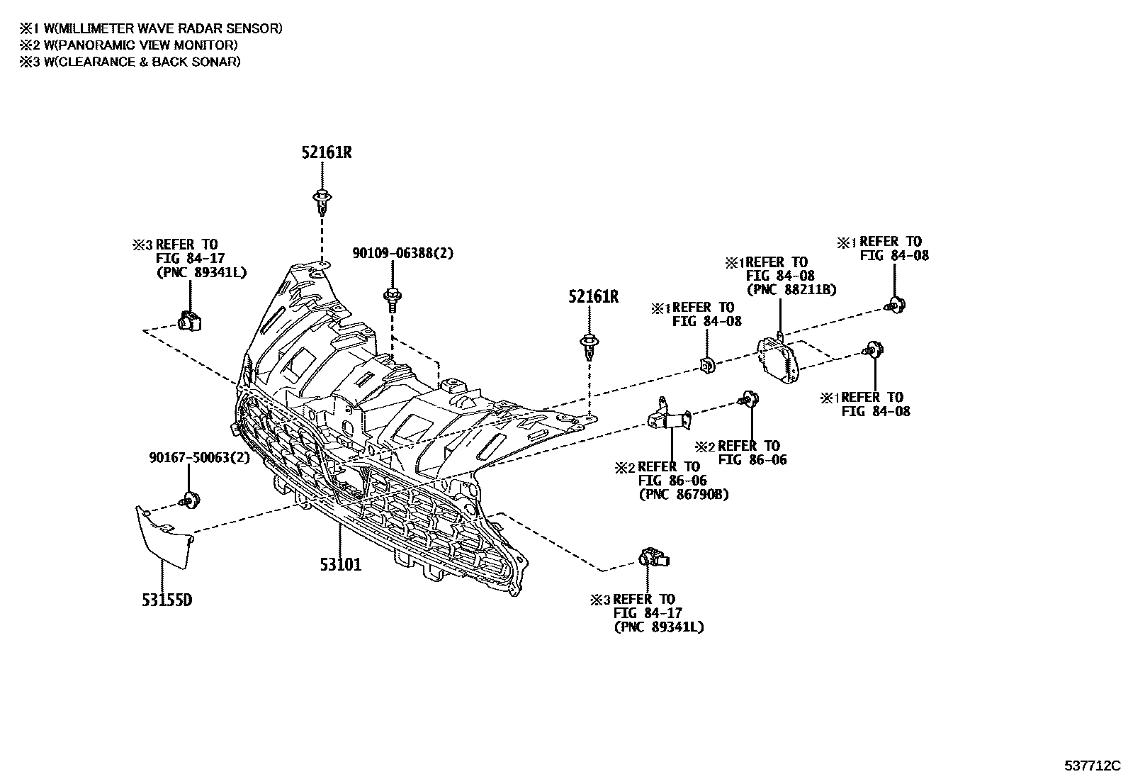 Toyota YARIS radiator grille EPC diagram — 537712C