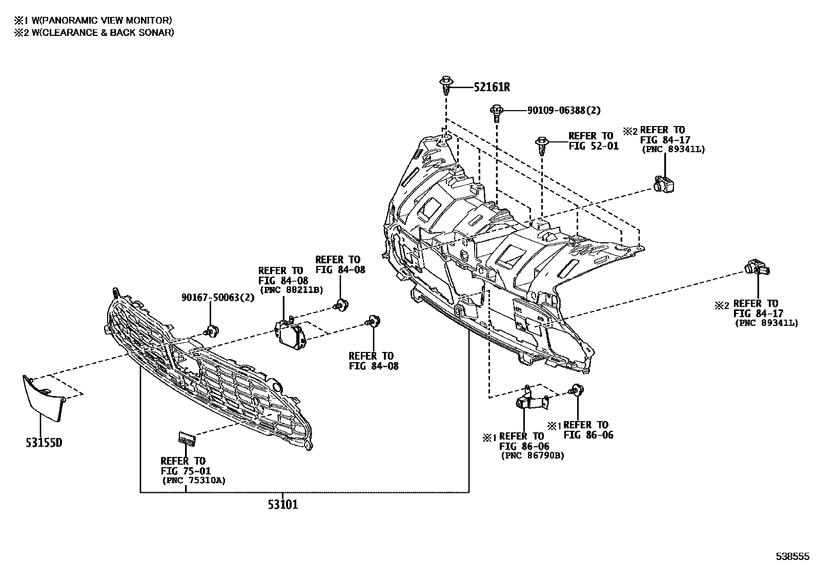 Toyota YARIS radiator grille EPC diagram — 538555