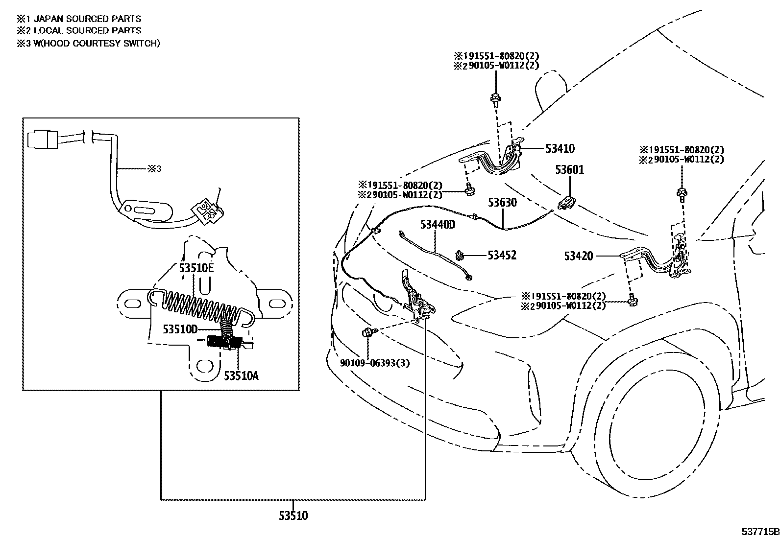 Toyota YARIS 发动机盖锁和铰链 EPC diagram — 537715B