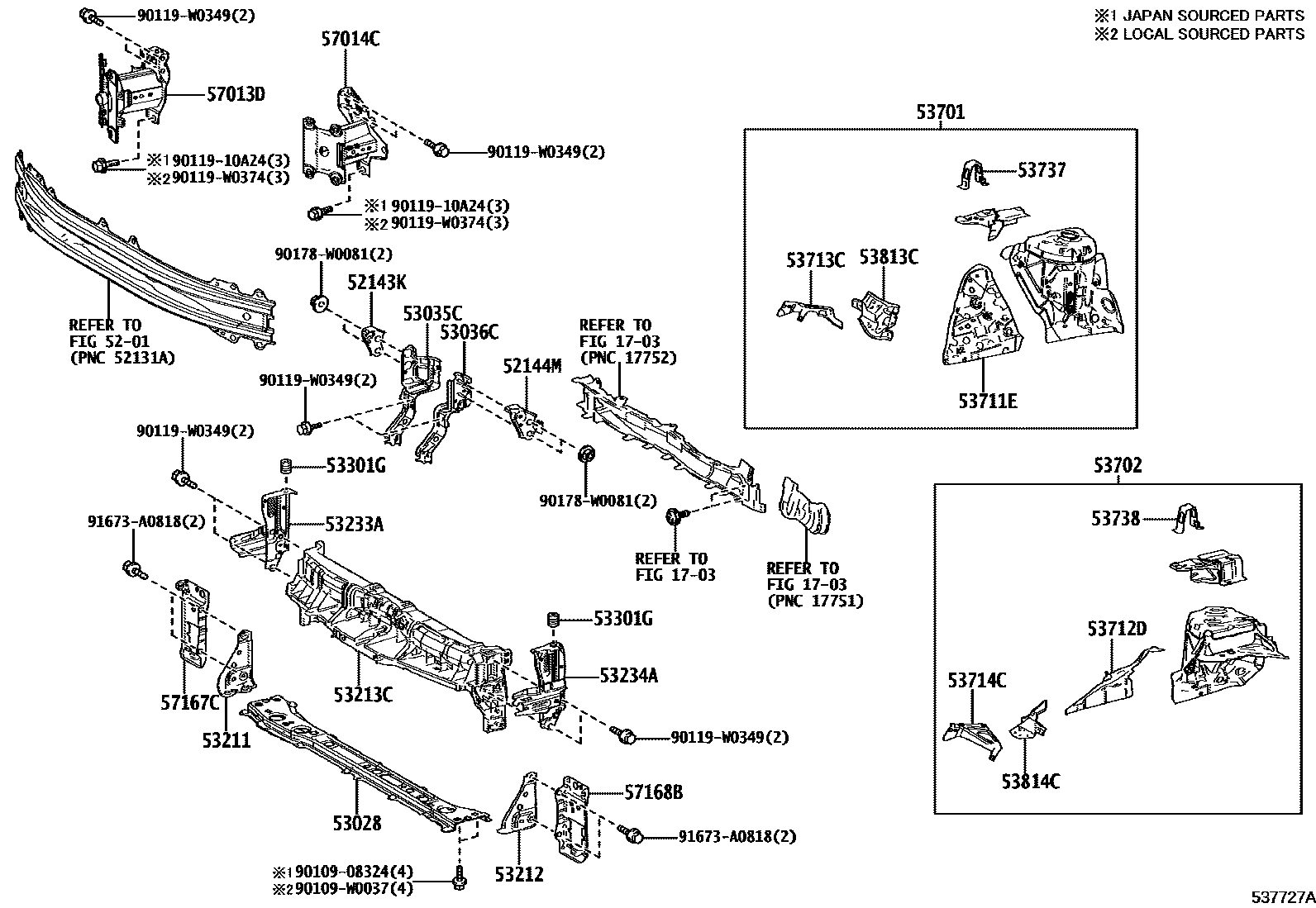Toyota YARIS 前翼子板挡泥板和前围板 EPC diagram — 537727A
