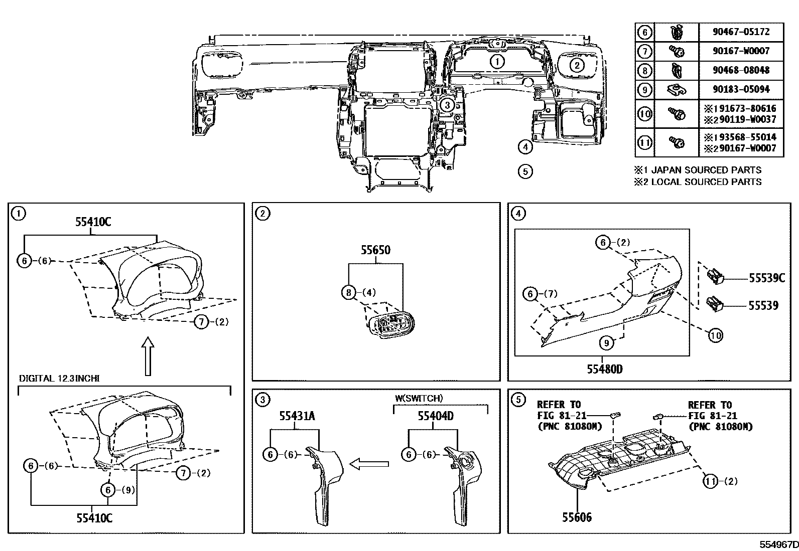 Toyota YARIS 仪表板和手套箱 EPC diagram — 554967D