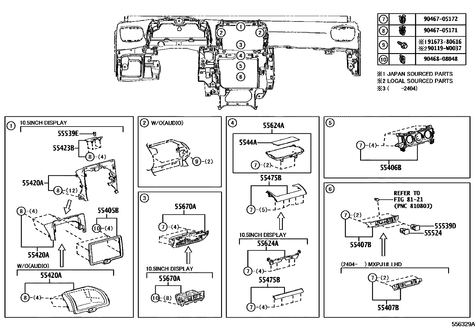 Toyota YARIS 仪表板和手套箱 EPC diagram — 556329A