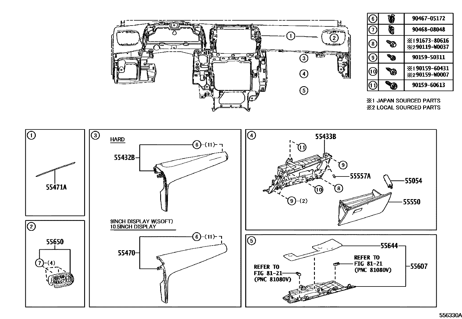 Toyota YARIS 仪表板和手套箱 EPC diagram — 556330A