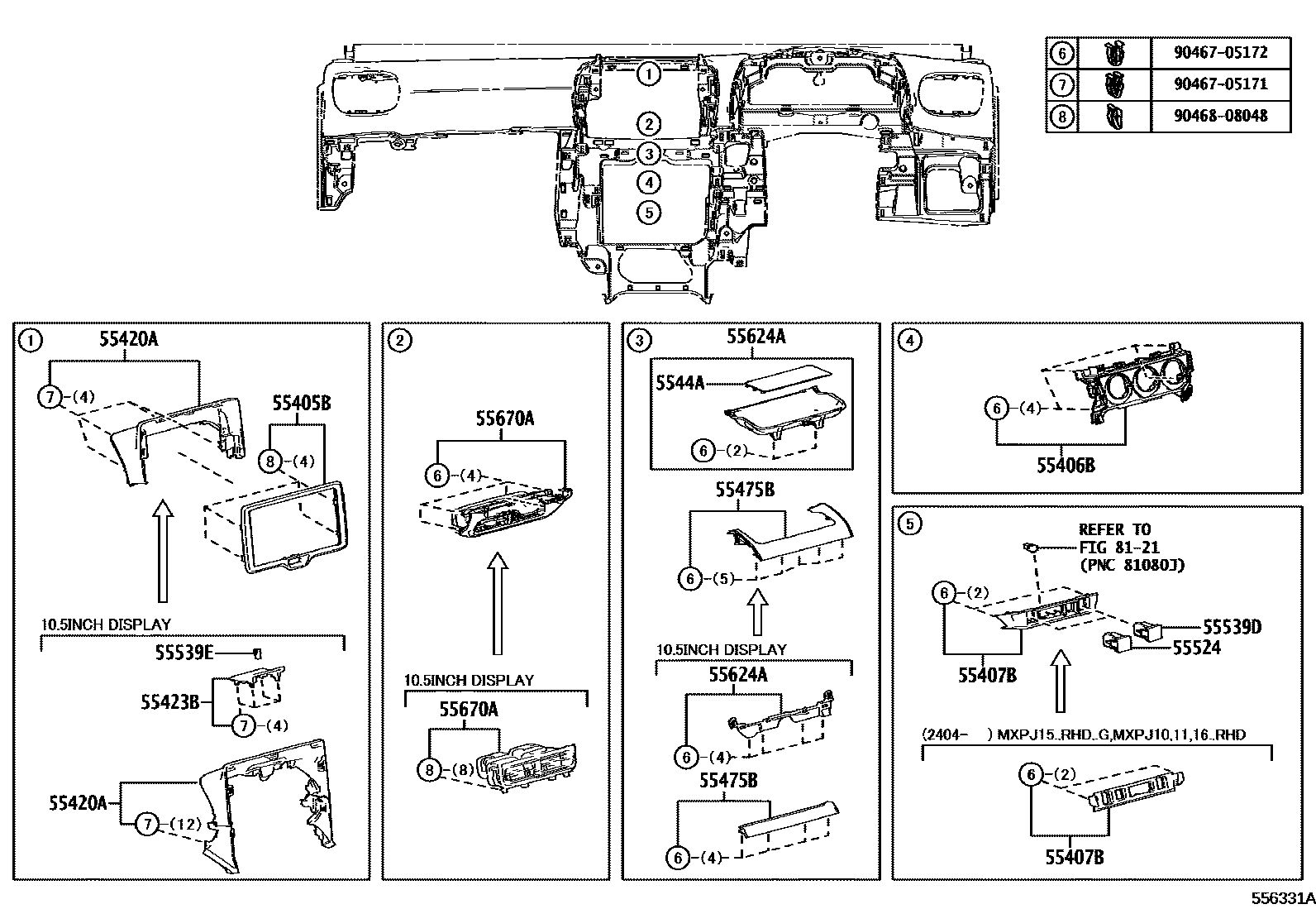 Toyota YARIS 仪表板和手套箱 EPC diagram — 556331A