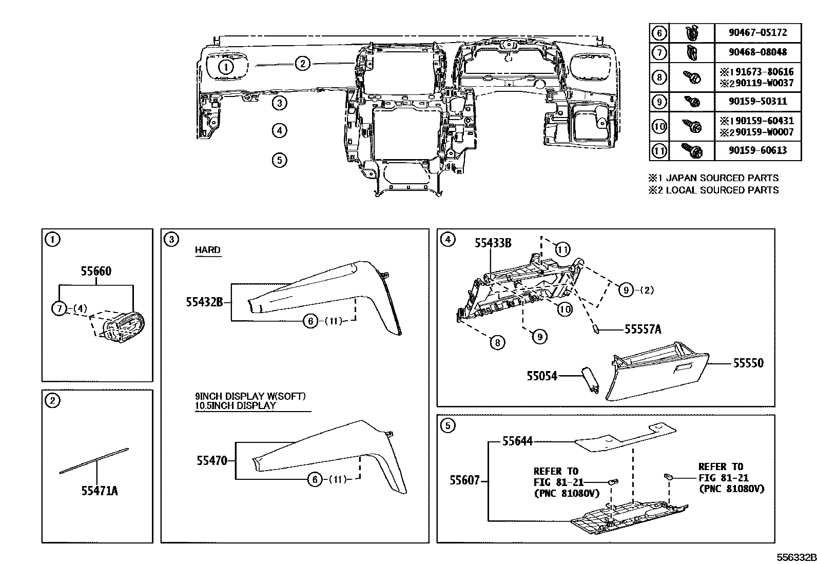 Toyota YARIS 仪表板和手套箱 EPC diagram — 556332B