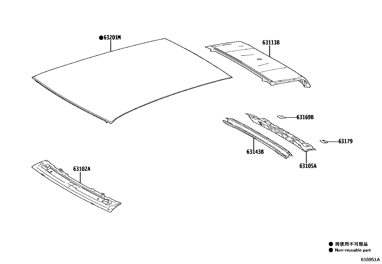 Toyota YARIS 天窗板和背窗玻璃 EPC diagram — 616951A