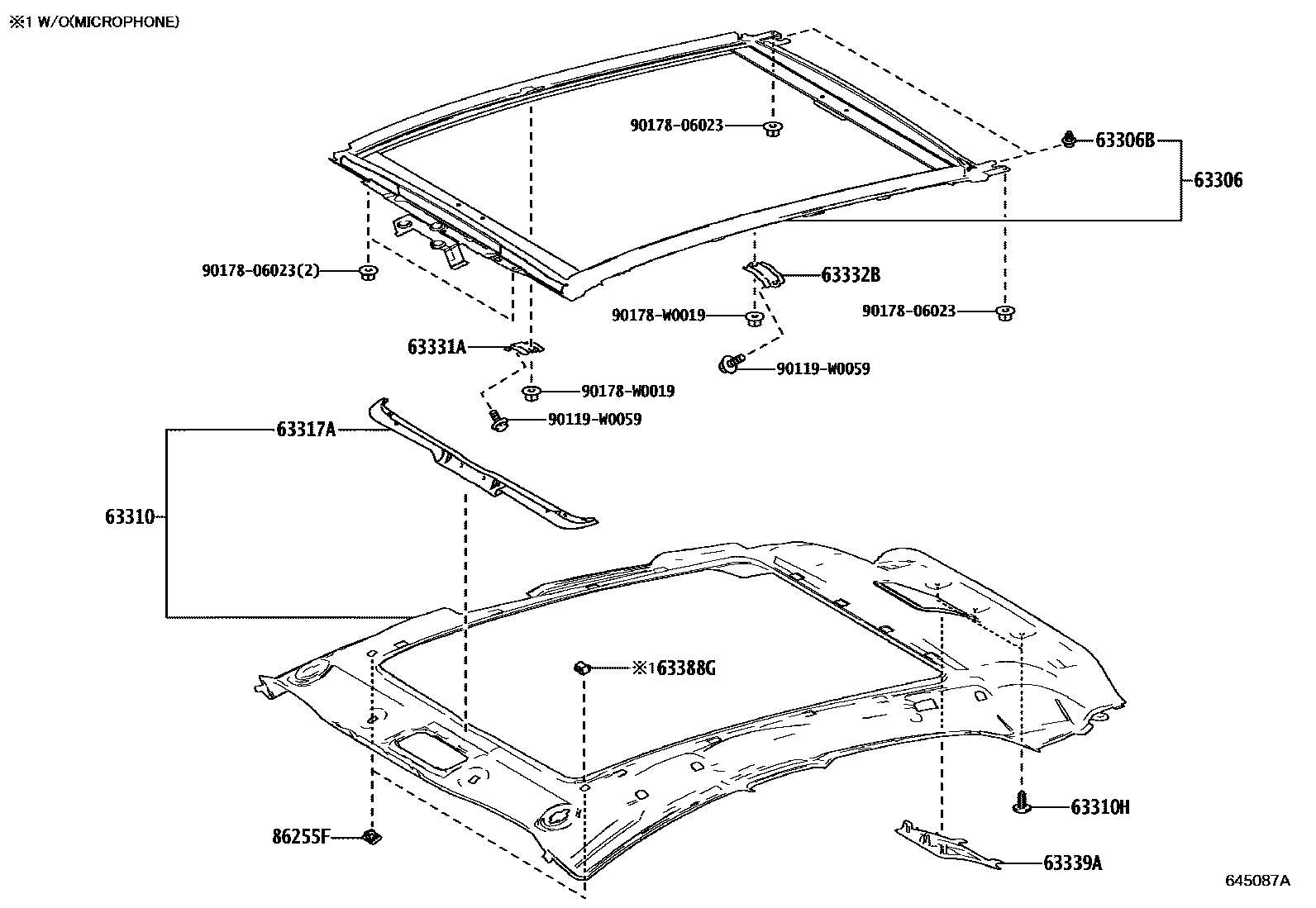 Toyota YARIS 车顶内衬和消声垫 EPC diagram — 645087A