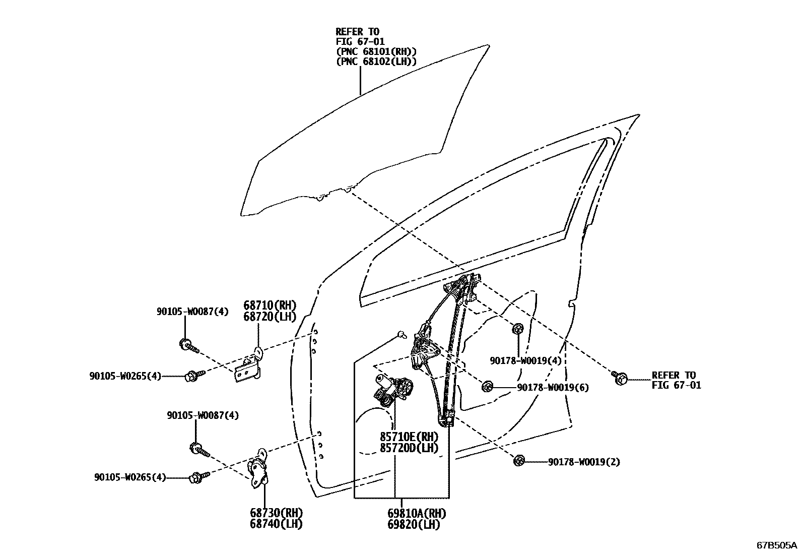 Toyota YARIS 前门车窗升降器和合页 EPC diagram — 67B505A