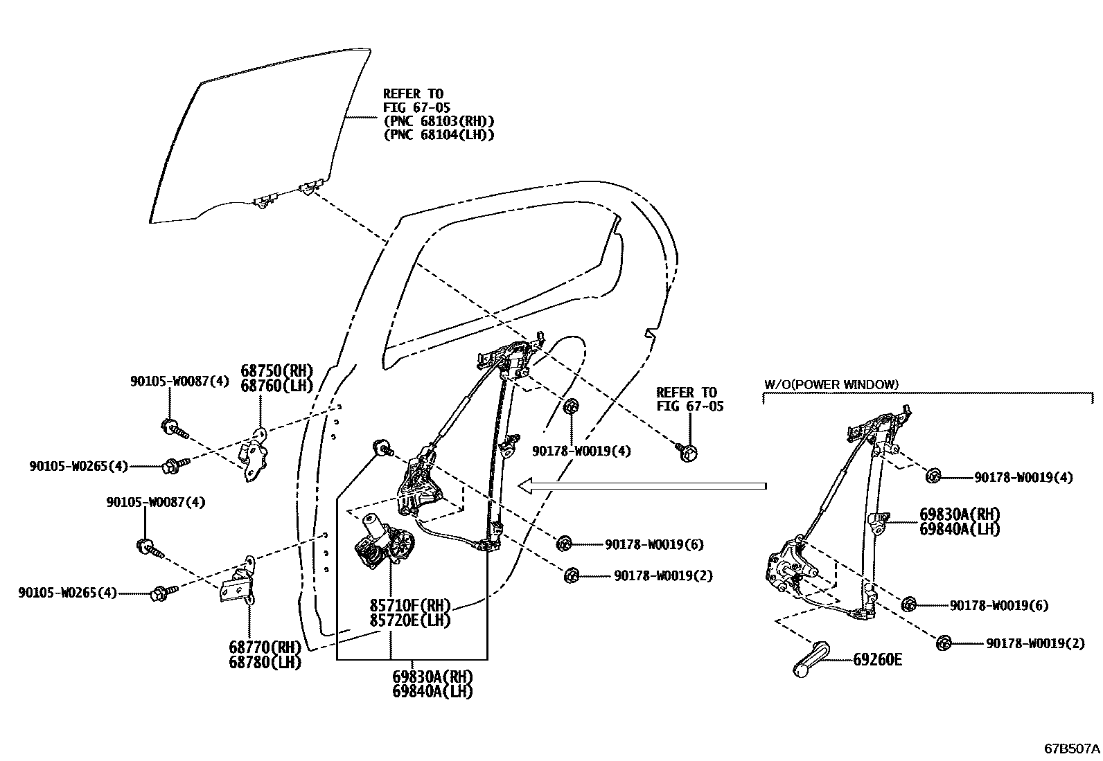 Toyota YARIS 后门车窗升降器和合页 EPC diagram — 67B507A
