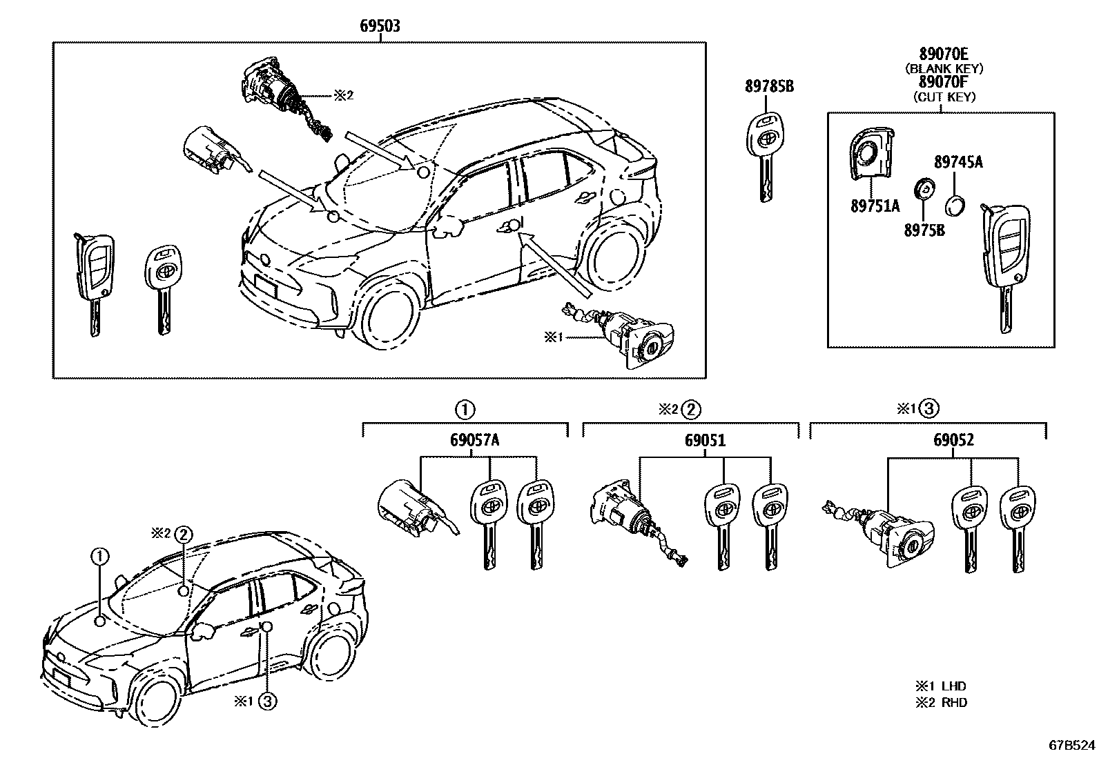 Toyota YARIS 锁芯组件 EPC diagram — 67B524