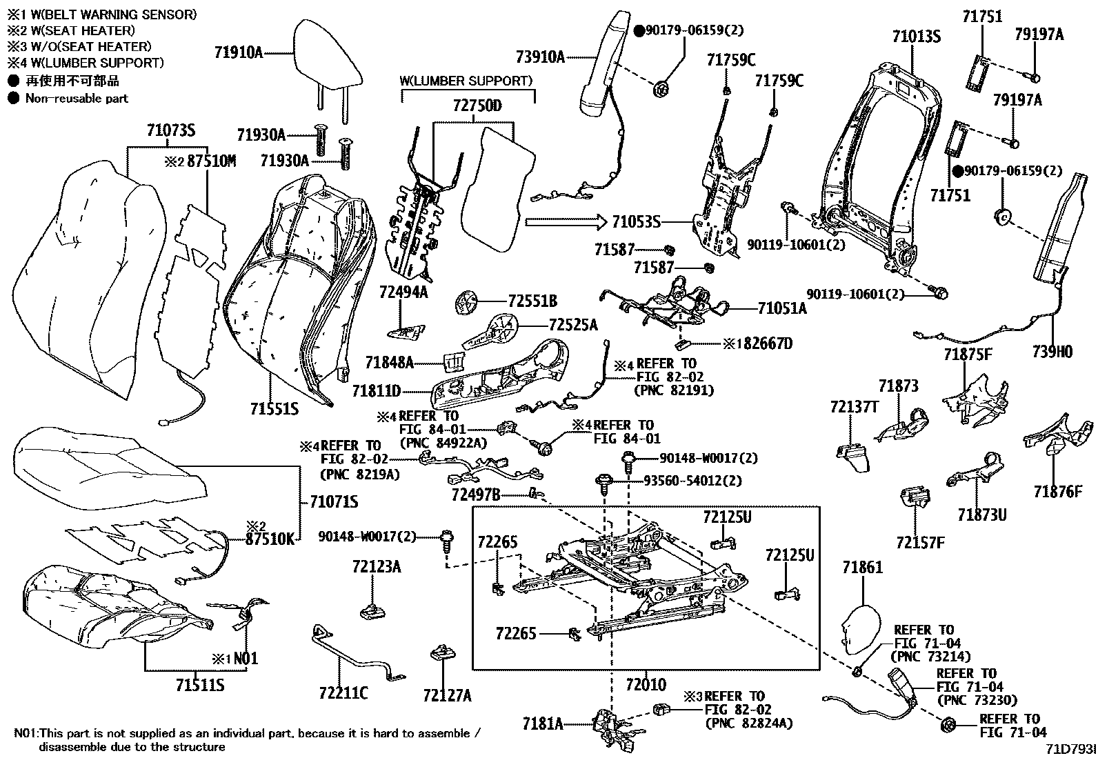 Toyota YARIS 前排座椅和座椅滑轨 EPC diagram — 71D793I