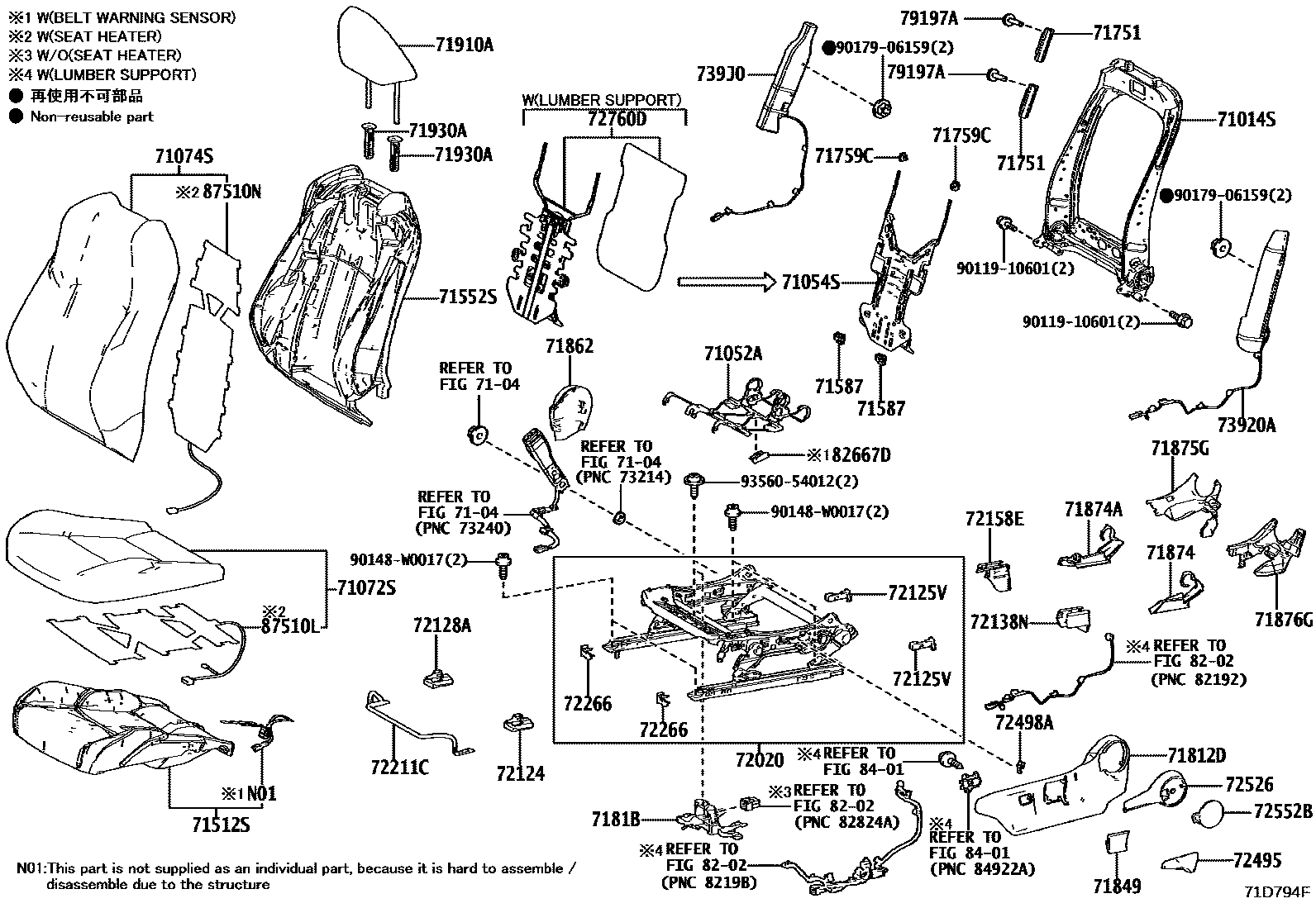 Toyota YARIS 前排座椅和座椅滑轨 EPC diagram — 71D794F