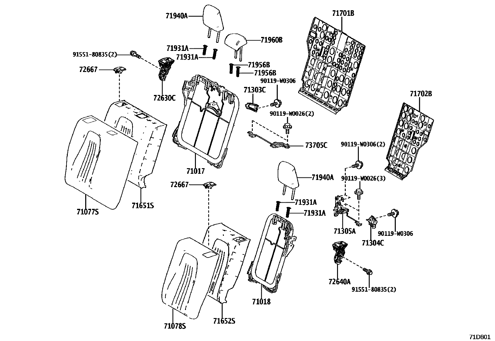 Toyota YARIS 后排座椅和座椅滑轨 EPC diagram — 71D801