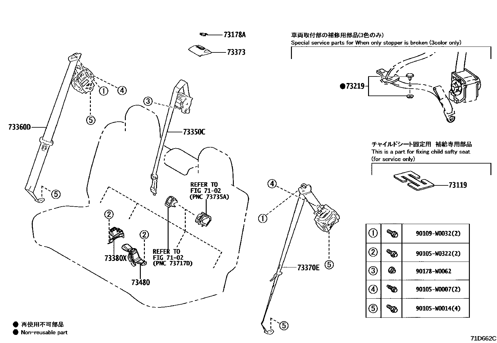 Toyota YARIS 安全带和儿童保护座椅 EPC diagram — 71D662C
