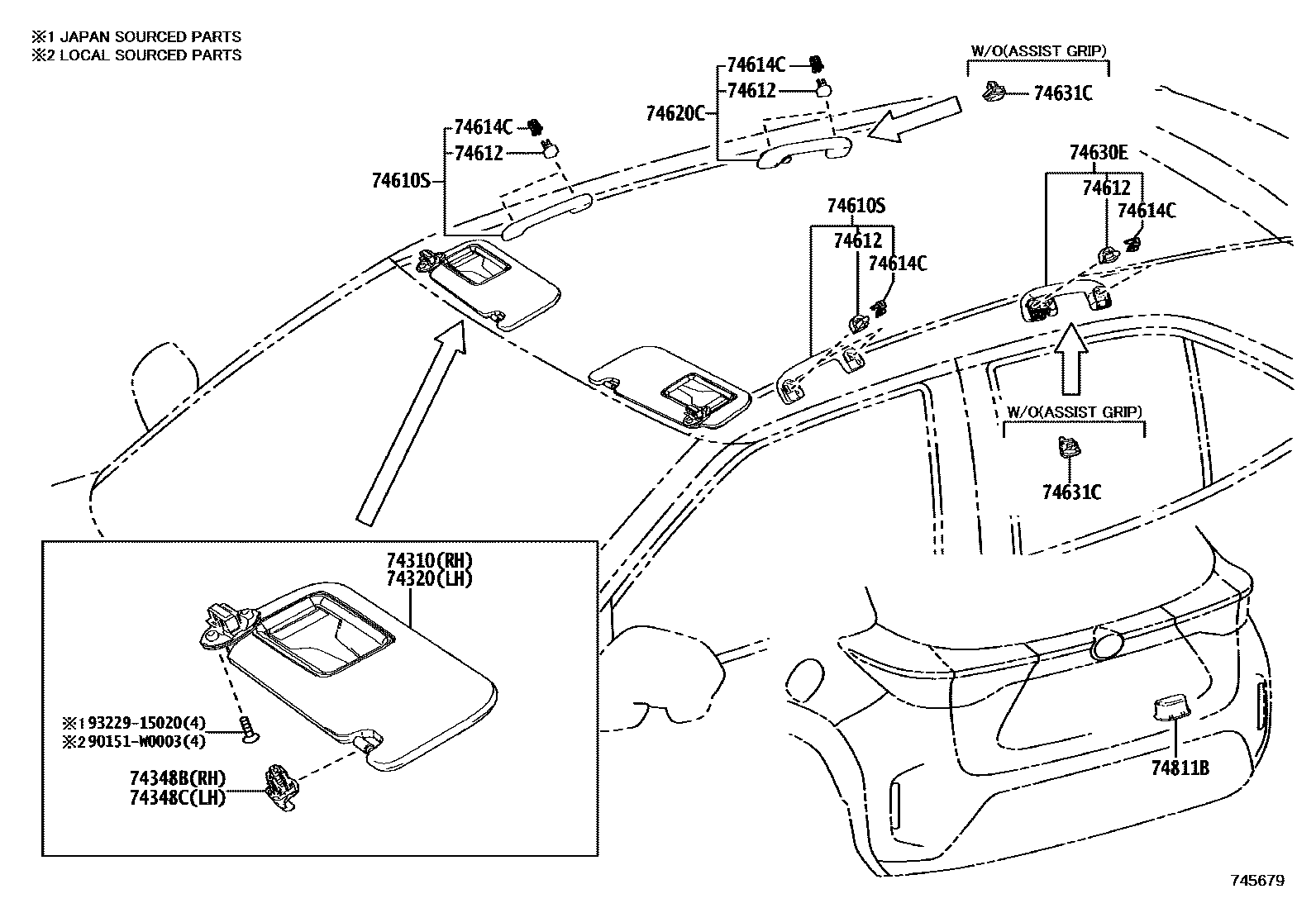 Toyota YARIS 扶手和遮阳板 EPC diagram — 745679