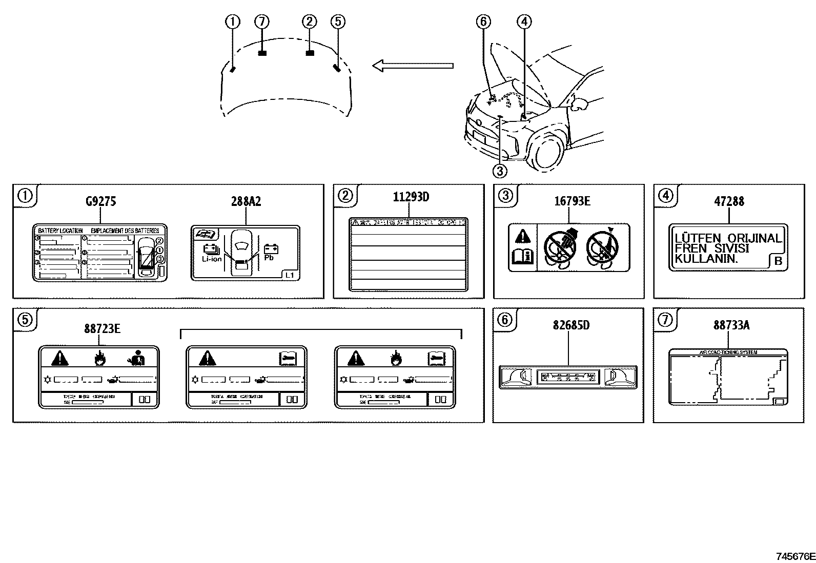 Toyota YARIS 警示铭牌(车外和车内) EPC diagram — 745676E