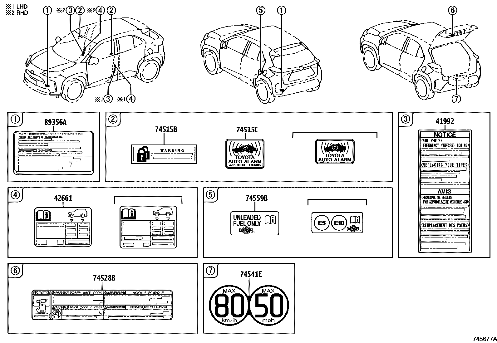 Toyota YARIS 警示铭牌(车外和车内) EPC diagram — 745677A