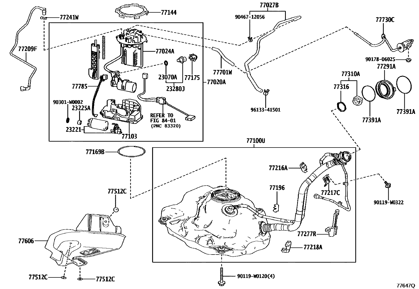 Toyota YARIS 燃油箱和燃油管 EPC diagram — 77647Q