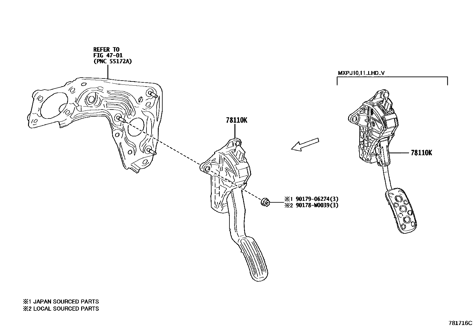 Toyota YARIS accelerator pedal connecting rod EPC diagram — 781716C