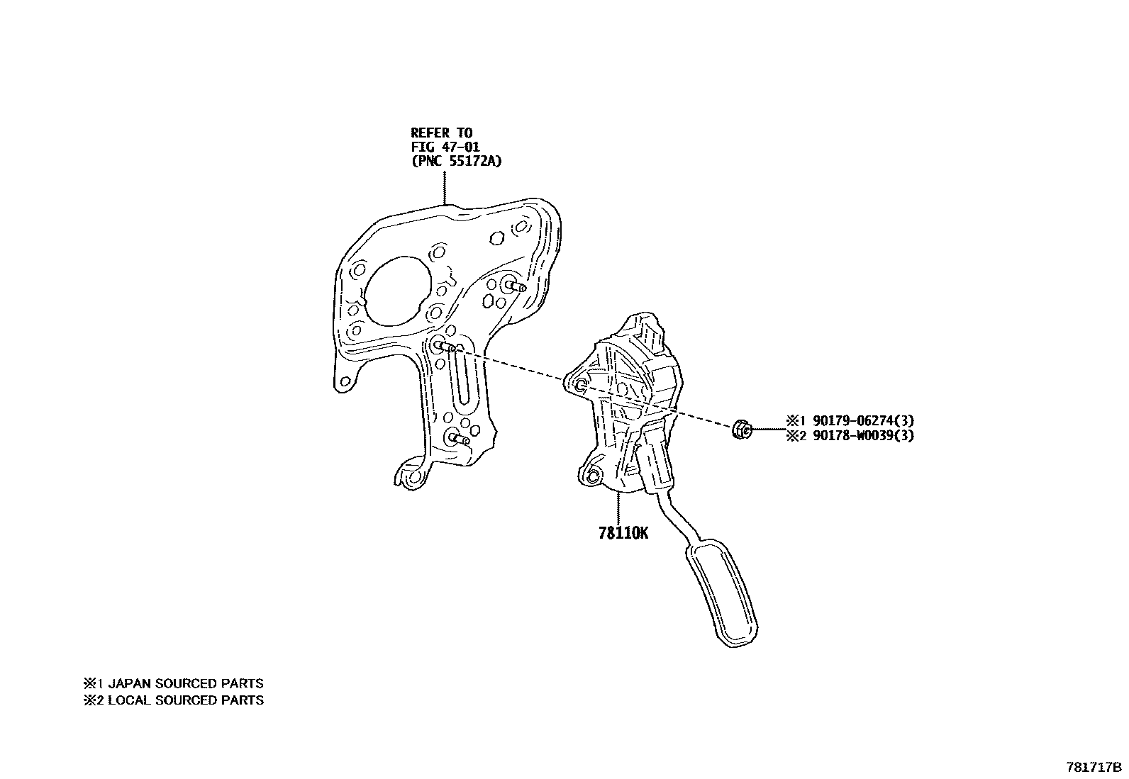 Toyota YARIS accelerator pedal connecting rod EPC diagram — 781717B