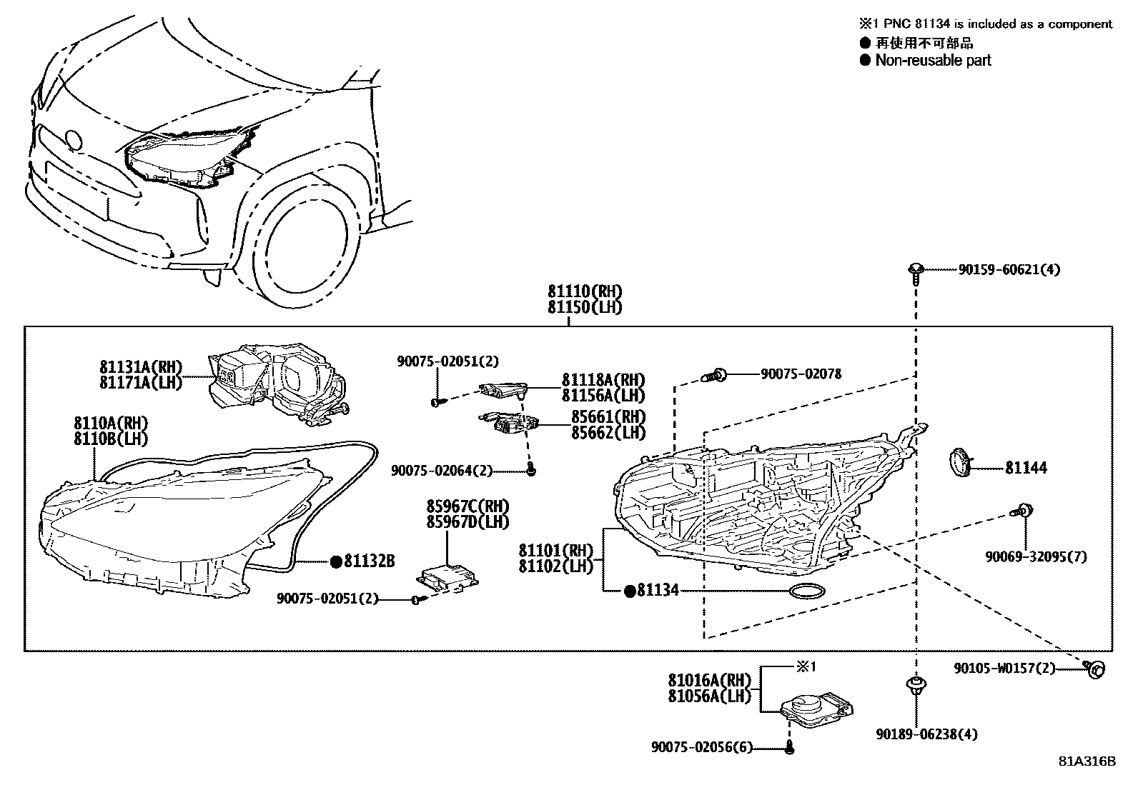 Toyota YARIS Headlamp EPC diagram — 81A316B