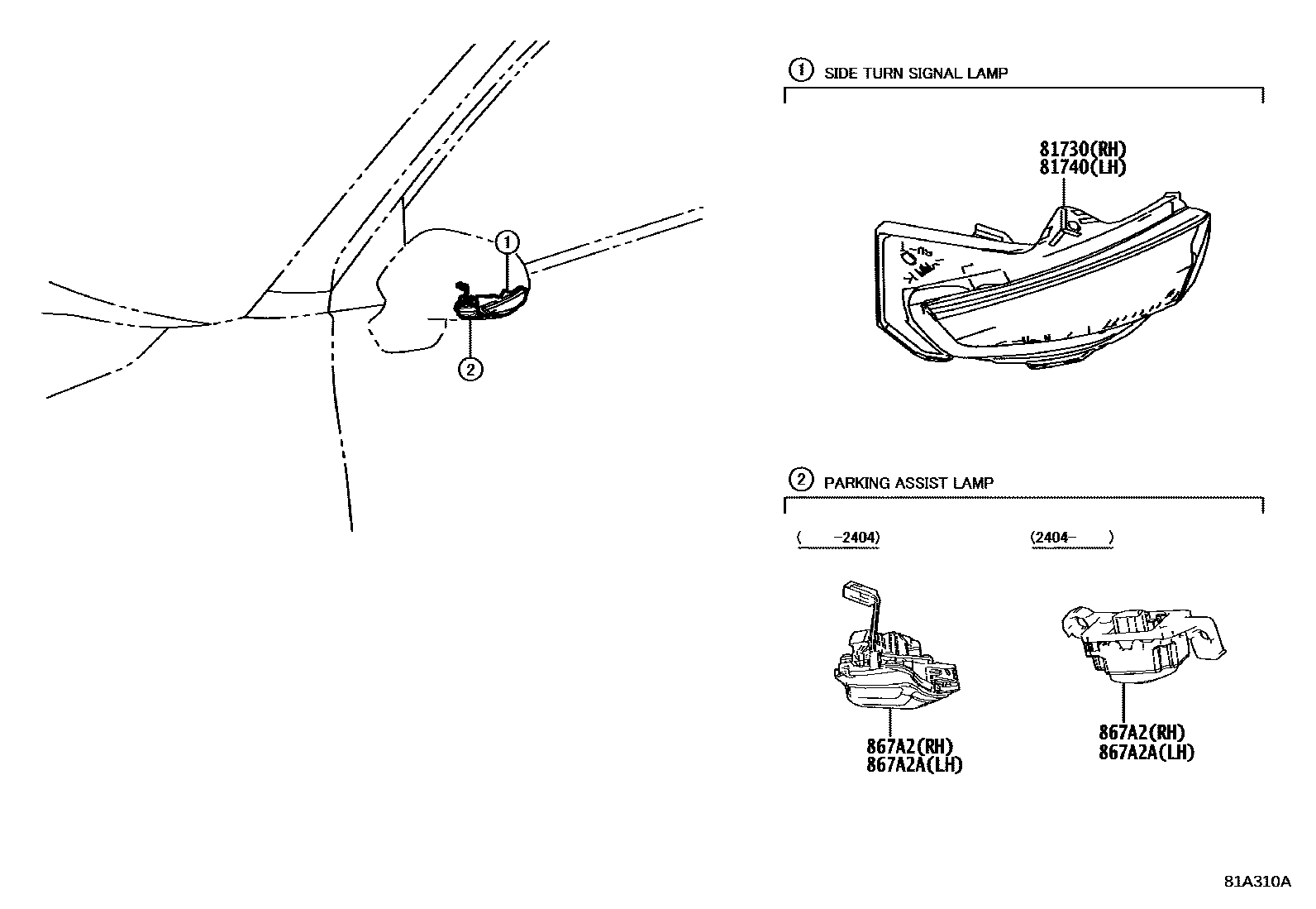 Toyota YARIS Side Turn Signal & Outer Mirror Lamp EPC diagram — 81A310A