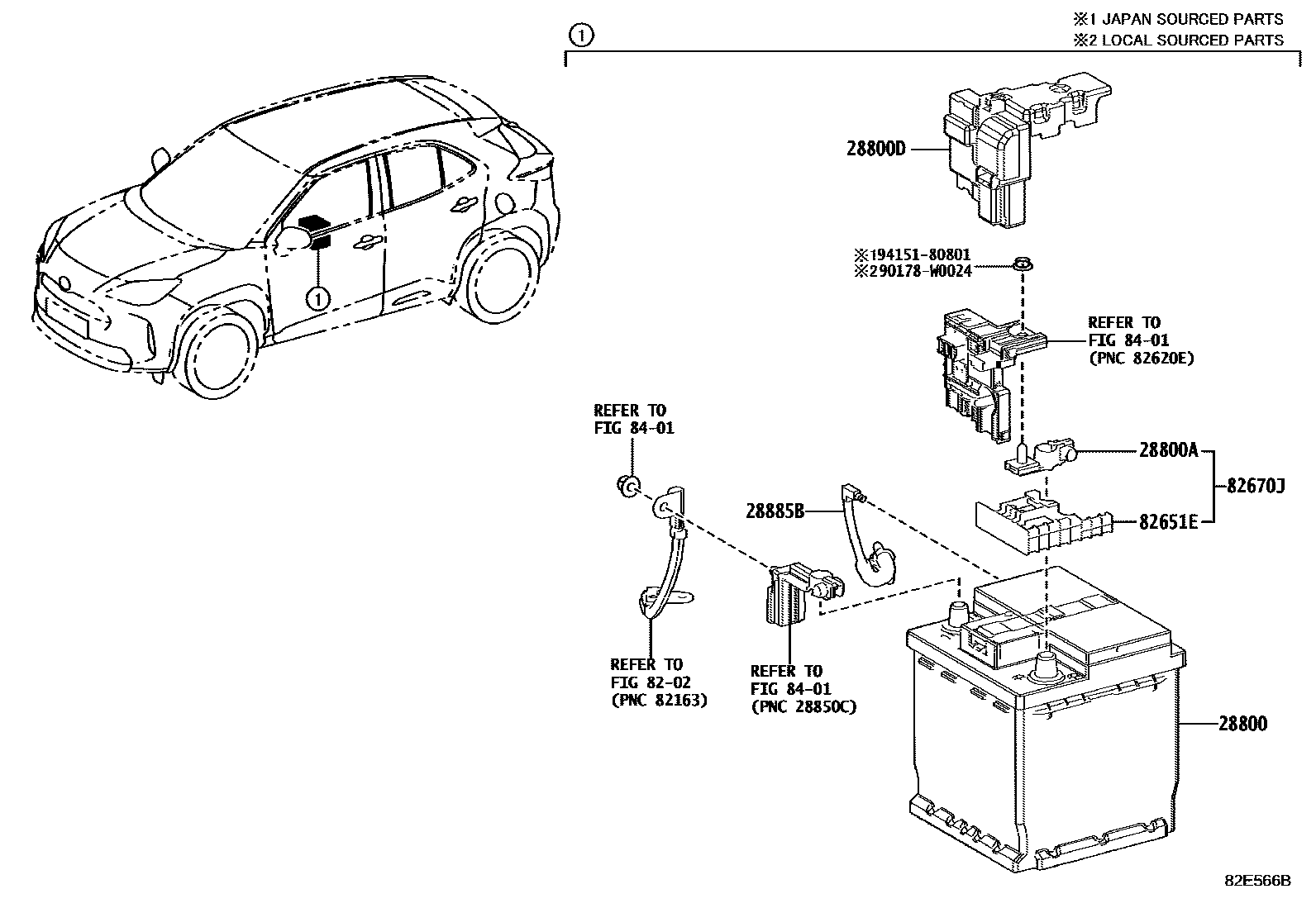 Toyota YARIS 蓄电池和蓄电池电缆 EPC diagram — 82E566B