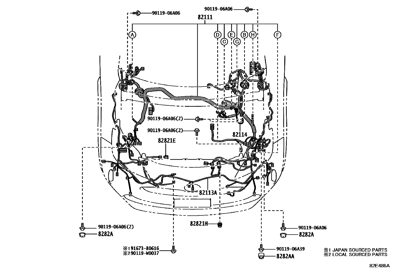 Toyota YARIS 线束和卡夹 EPC diagram — 82E486A