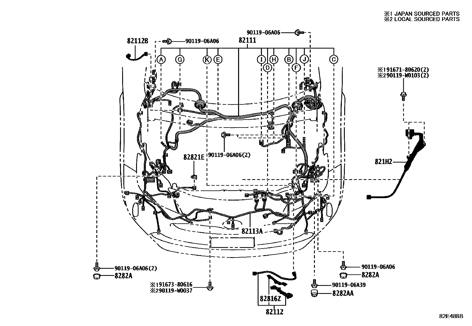 Toyota YARIS 线束和卡夹 EPC diagram — 82E488B