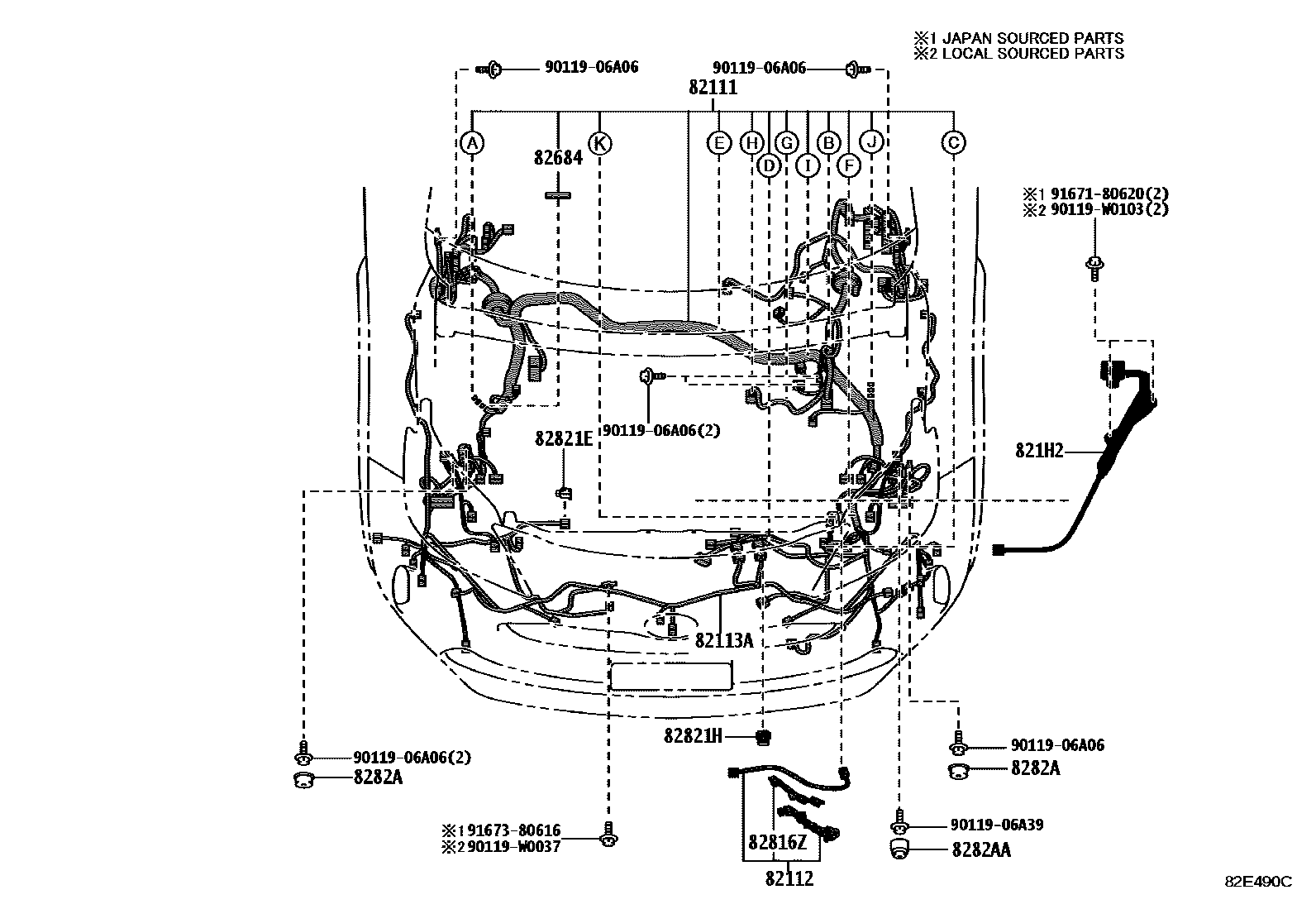 Toyota YARIS 线束和卡夹 EPC diagram — 82E490C