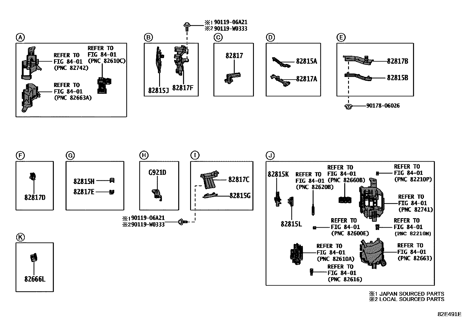 Toyota YARIS 线束和卡夹 EPC diagram — 82E491E
