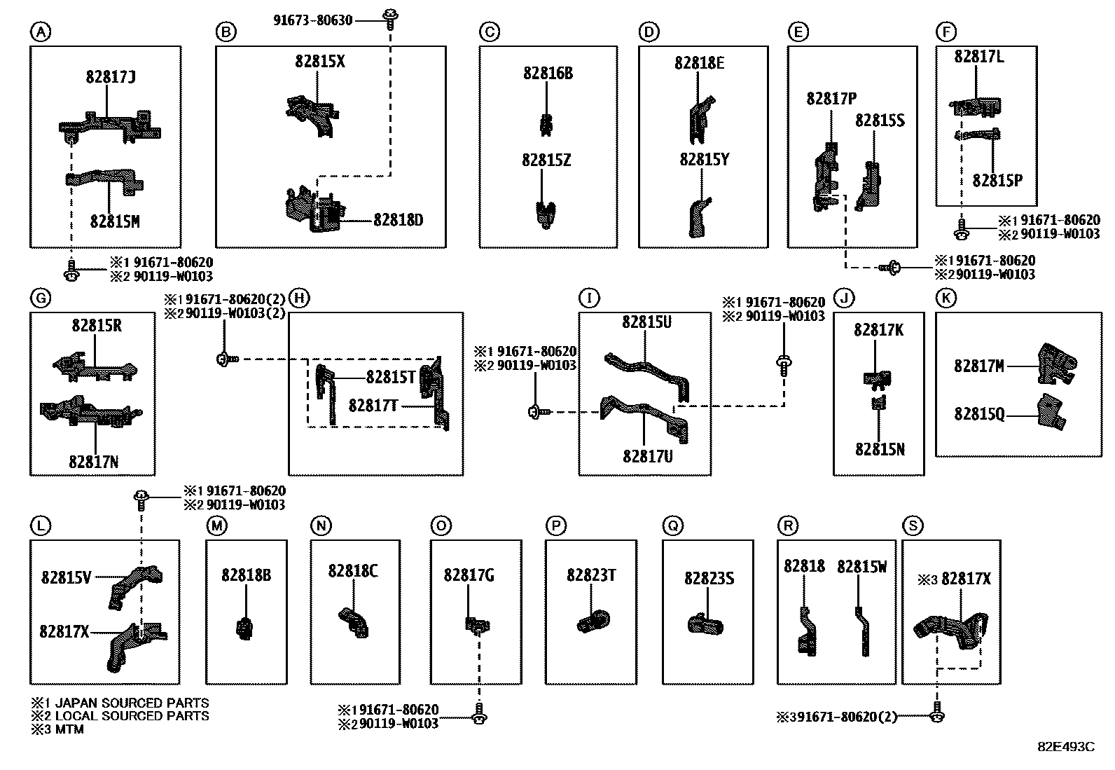Toyota YARIS 线束和卡夹 EPC diagram — 82E493C