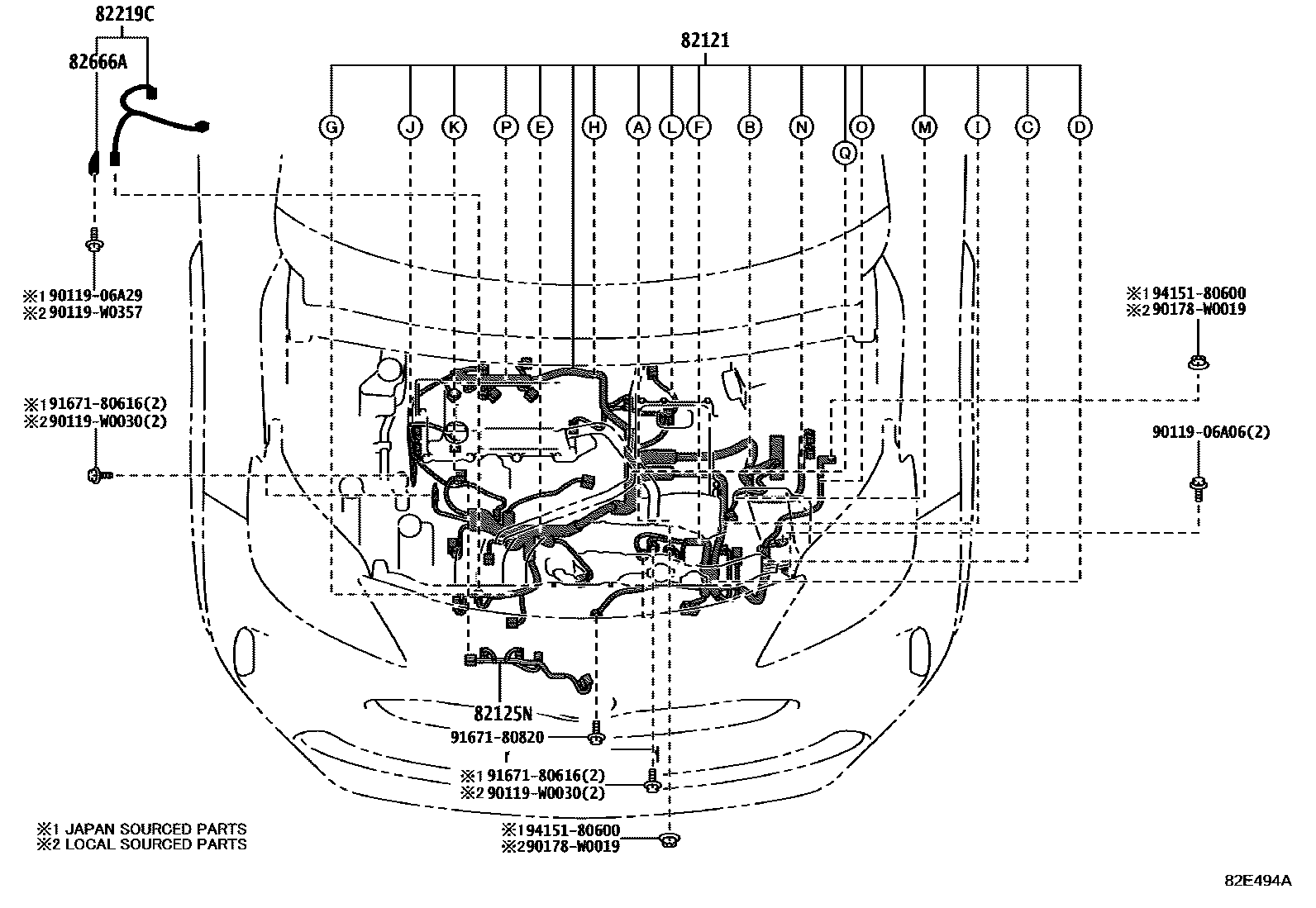 Toyota YARIS 线束和卡夹 EPC diagram — 82E494A