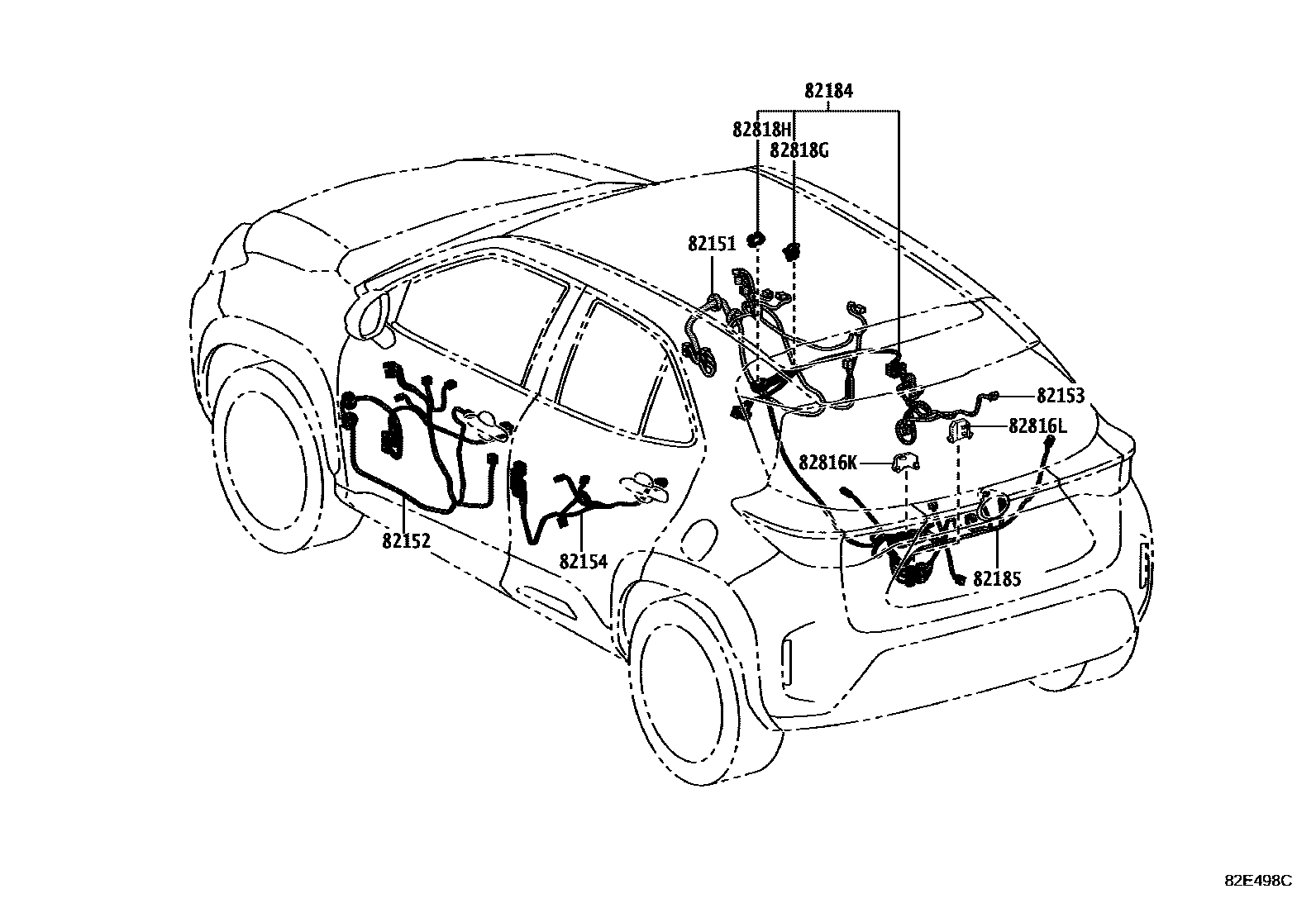 Toyota YARIS 线束和卡夹 EPC diagram — 82E498C