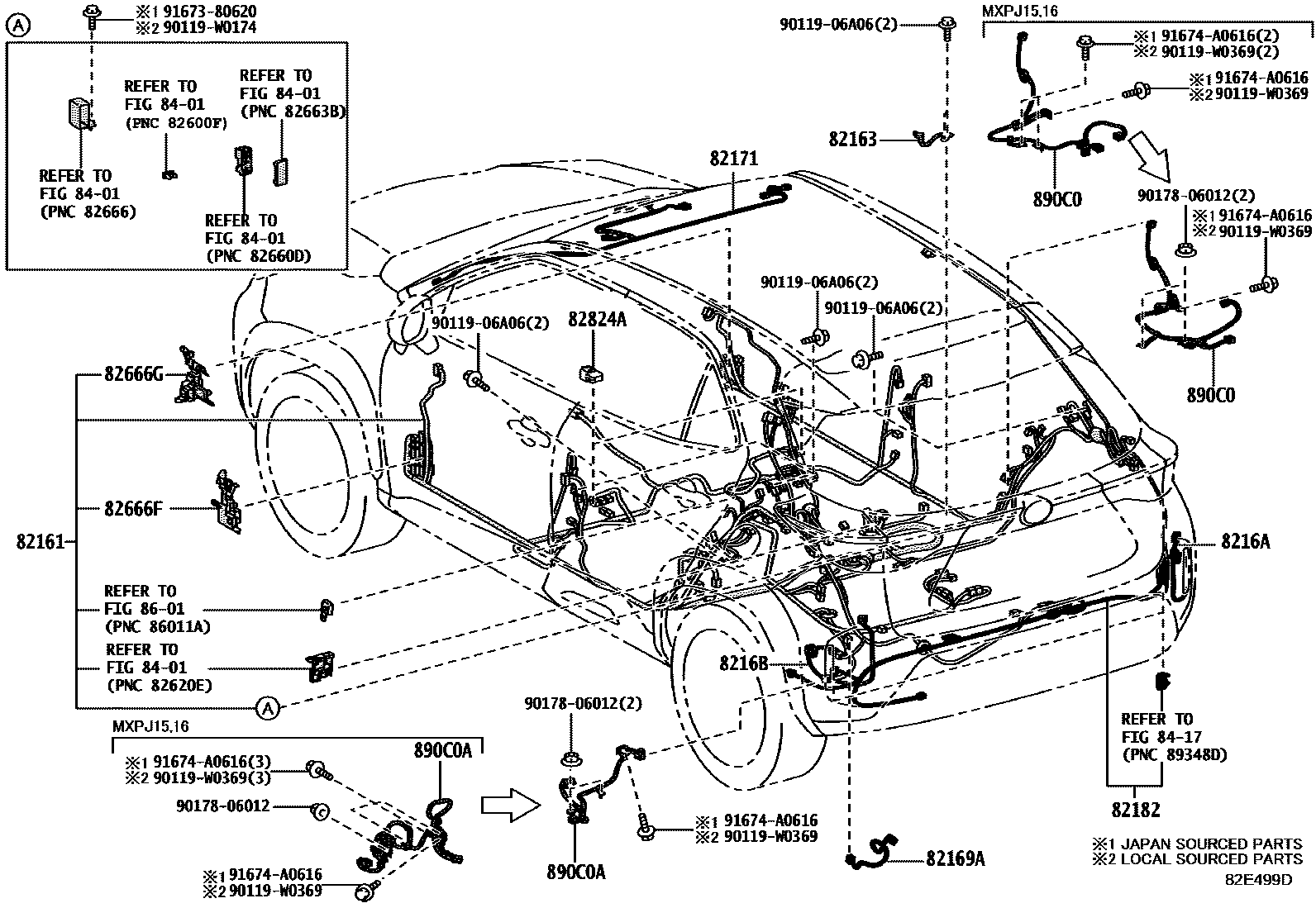 Toyota YARIS 线束和卡夹 EPC diagram — 82E499D