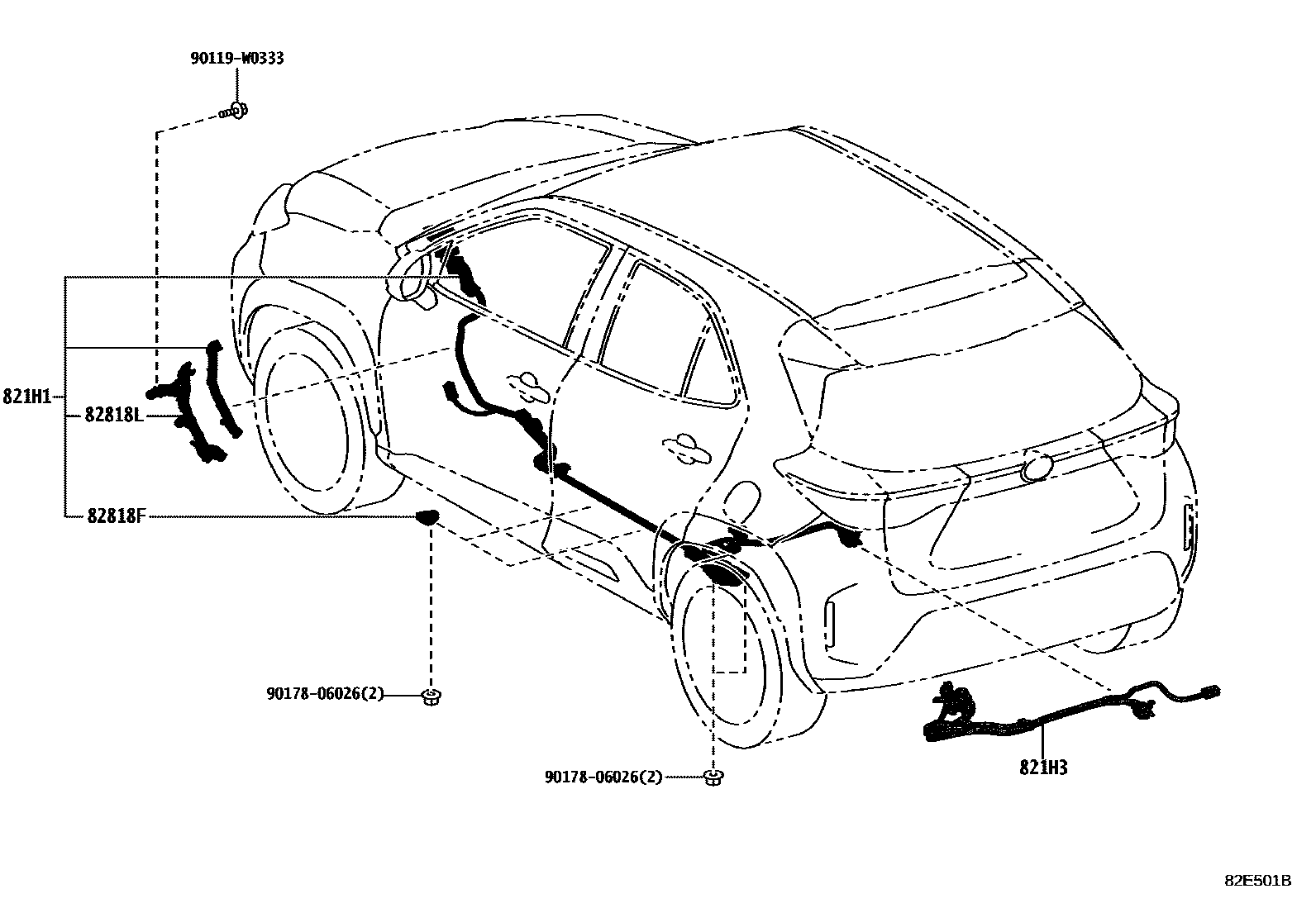 Toyota YARIS 线束和卡夹 EPC diagram — 82E501B