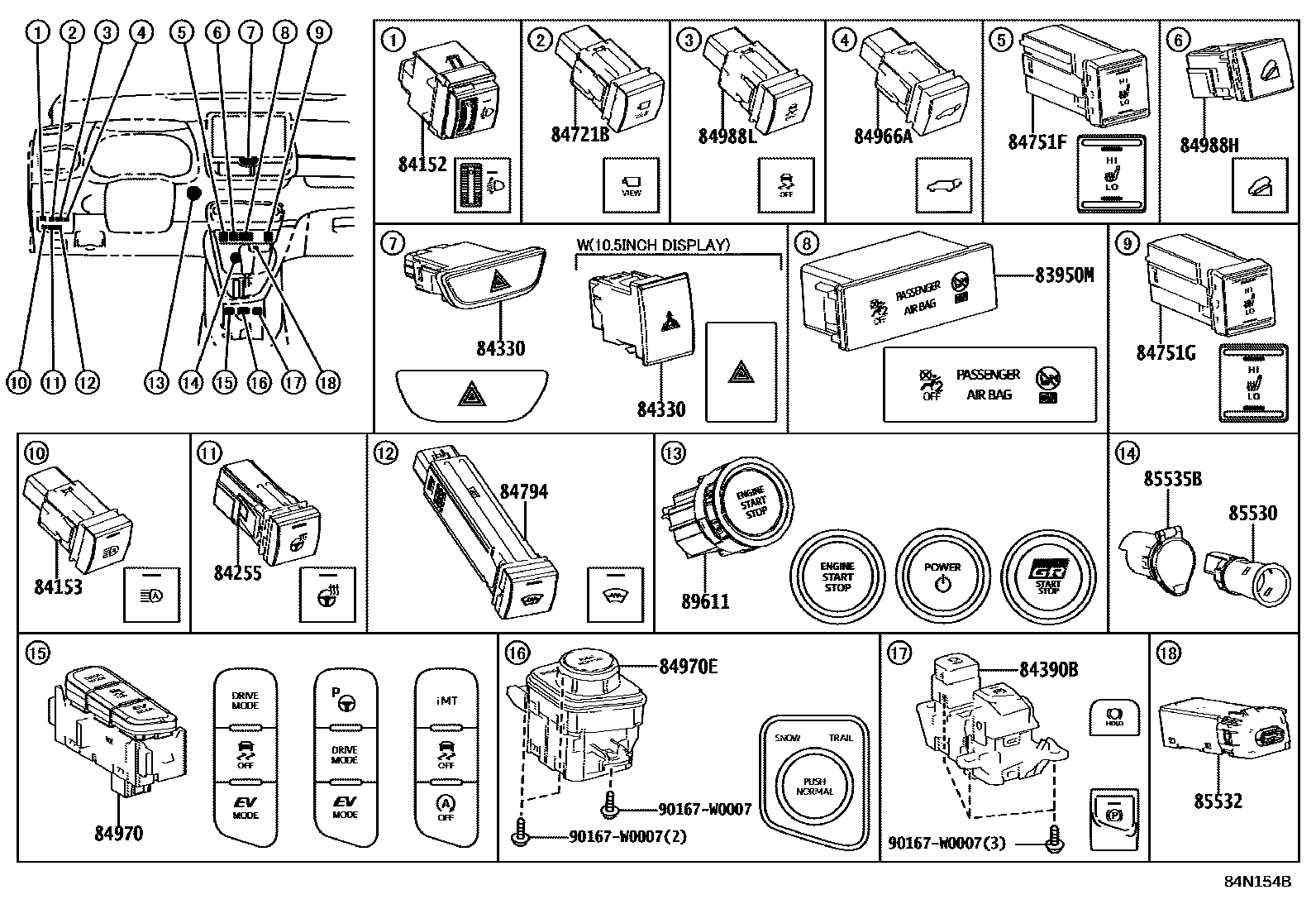 Toyota YARIS 开关和继电器和ECU EPC diagram — 84N154B