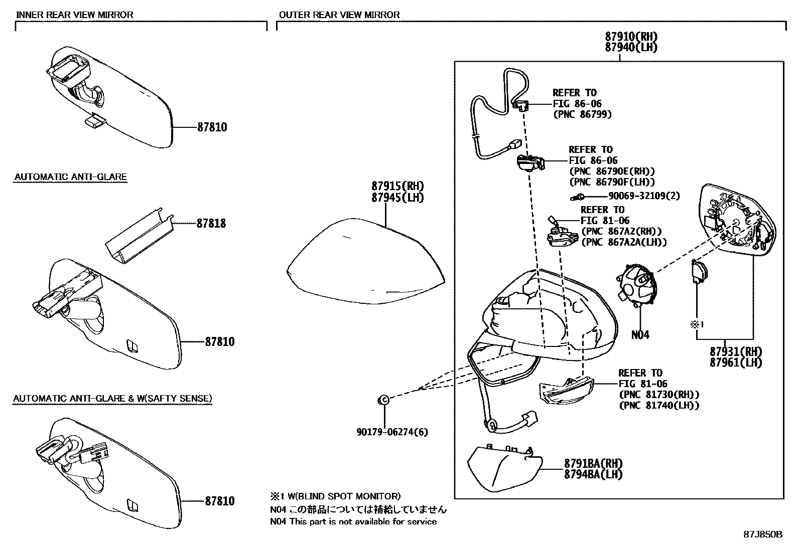 Toyota YARIS 后视镜 EPC diagram — 87J850B
