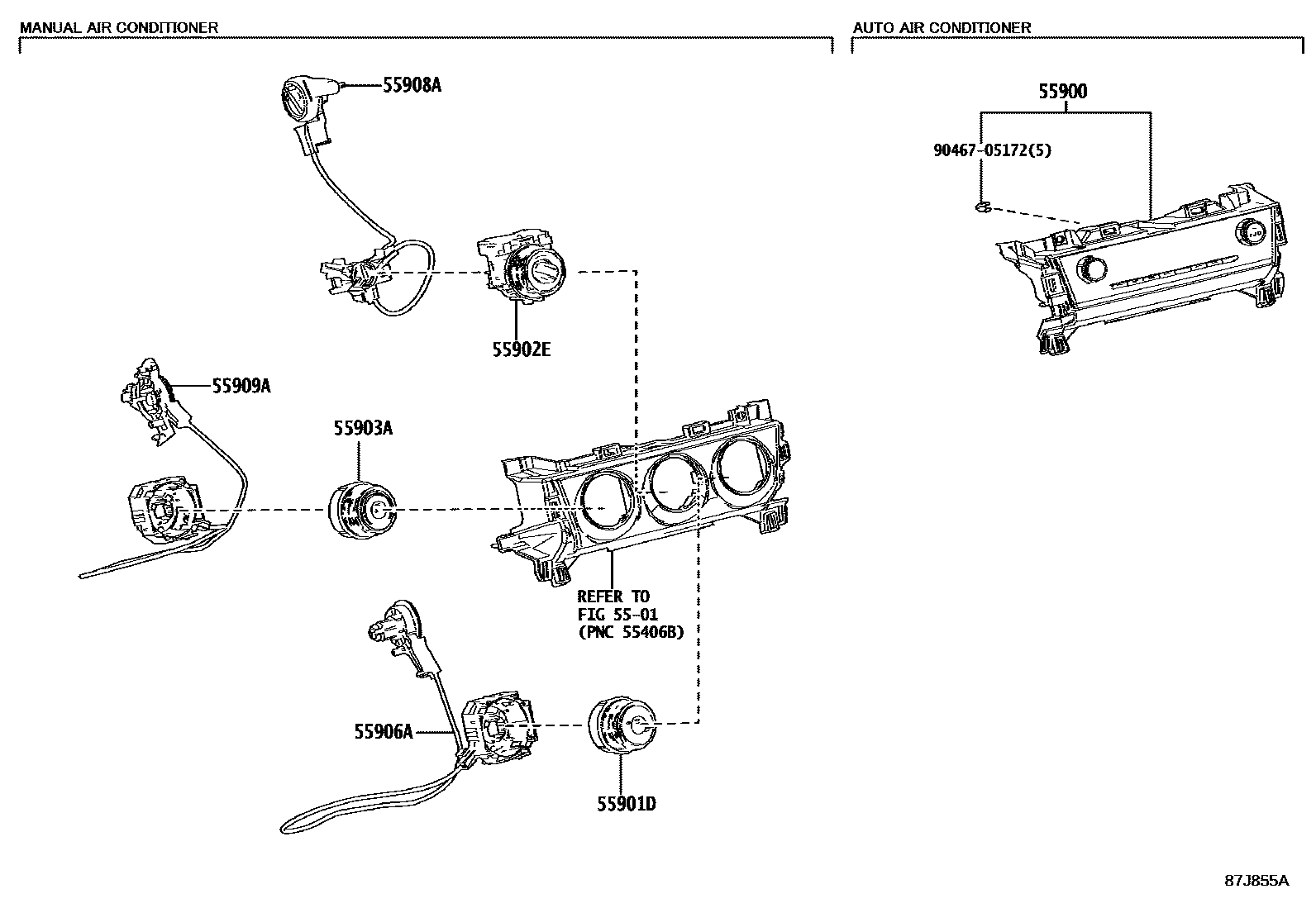 Toyota YARIS 暖风和空调系统 - 控制器和风管 EPC diagram — 87J855A