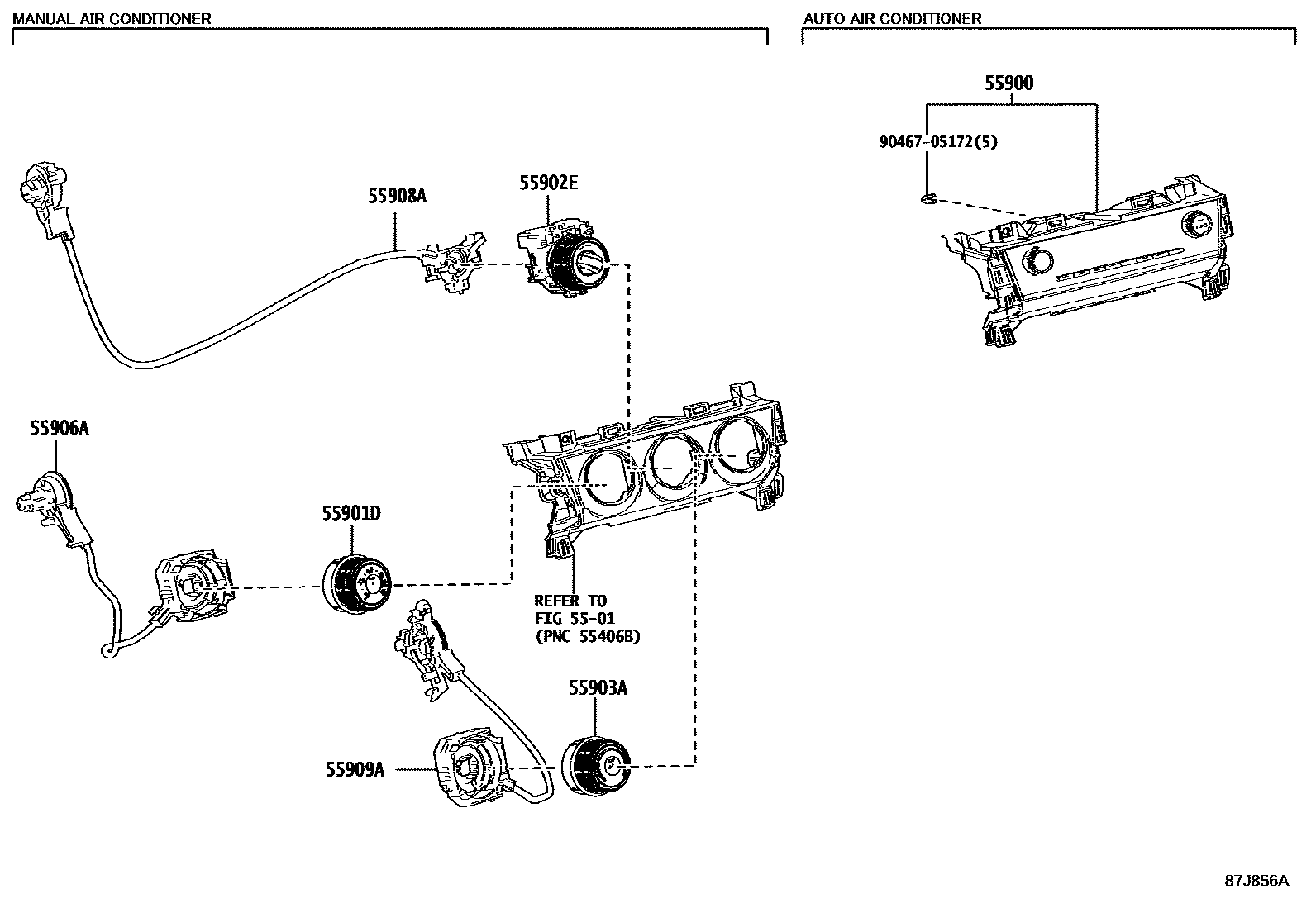 Toyota YARIS 暖风和空调系统 - 控制器和风管 EPC diagram — 87J856A