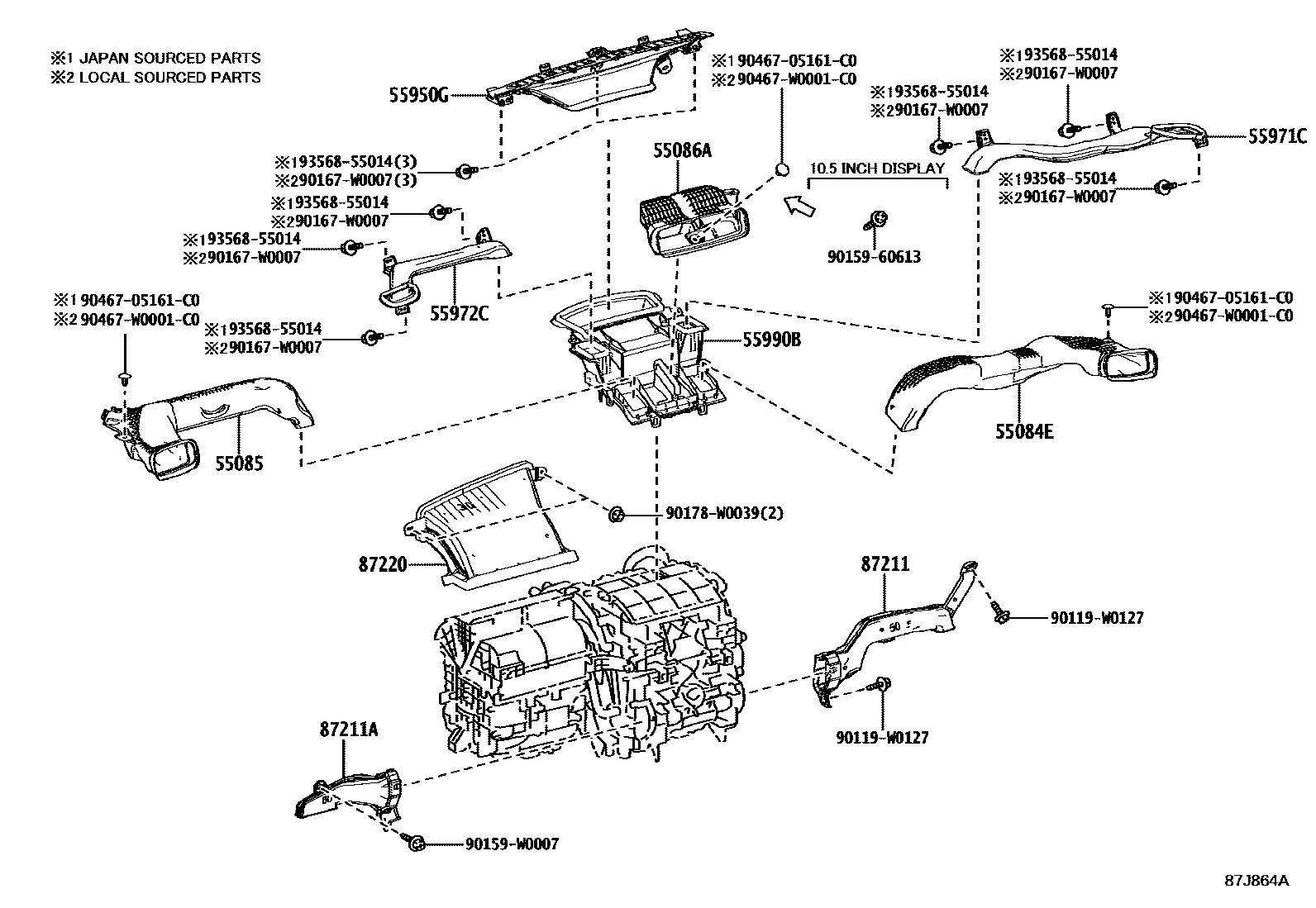 Toyota YARIS 暖风和空调系统 - 控制器和风管 EPC diagram — 87J864A