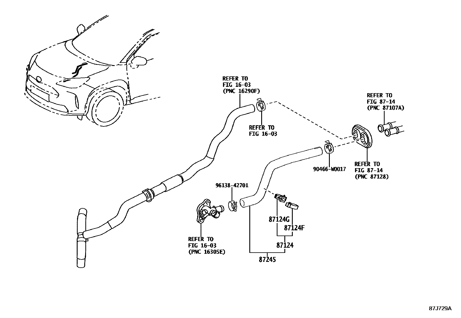 Toyota YARIS 暖风和空调系统 - 水管 EPC diagram — 87J729A