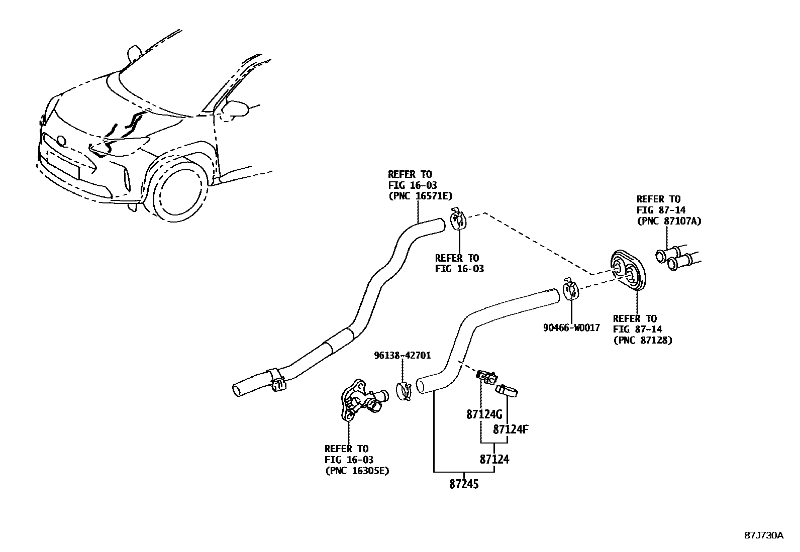 Toyota YARIS 暖风和空调系统 - 水管 EPC diagram — 87J730A