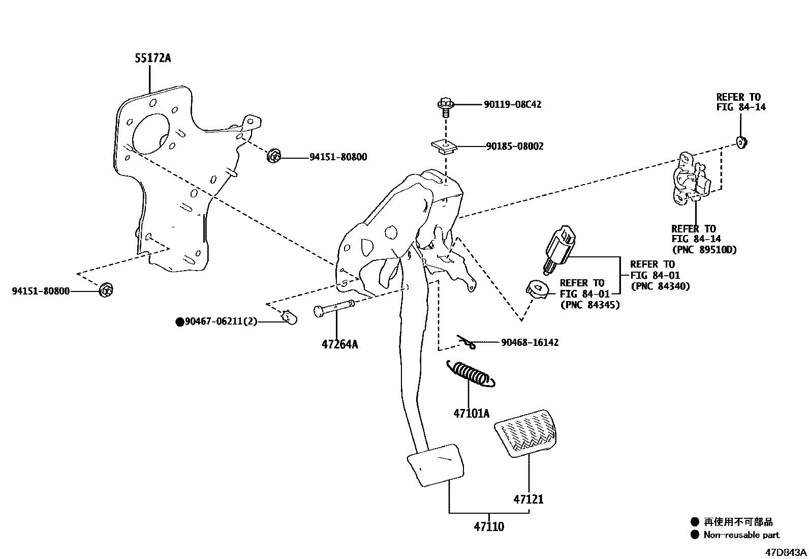 Toyota COROLLA Brake Pedal & Bracket EPC diagram — 47D843A