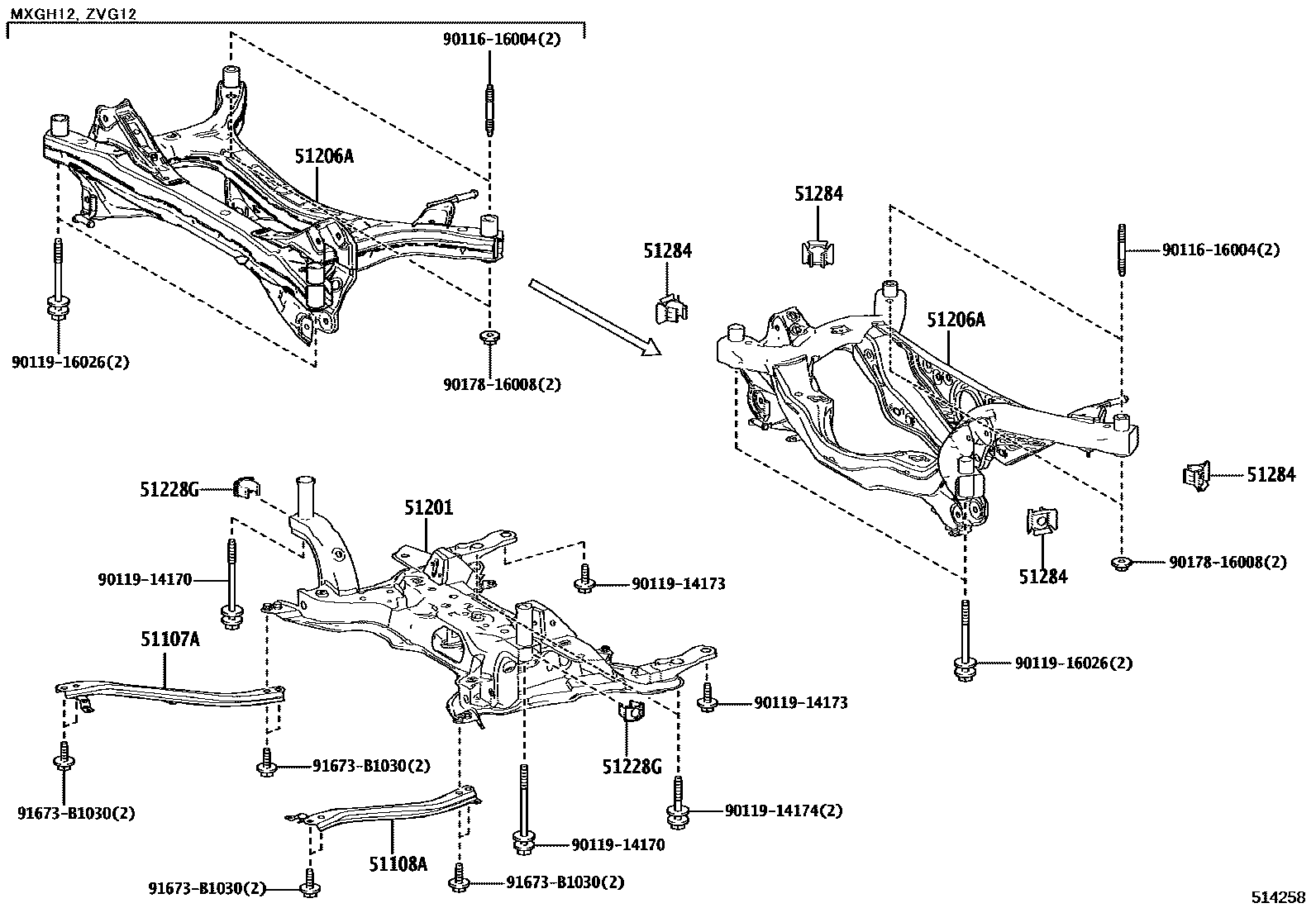 Toyota COROLLA 悬架横梁和发动机底罩 EPC diagram — 514258