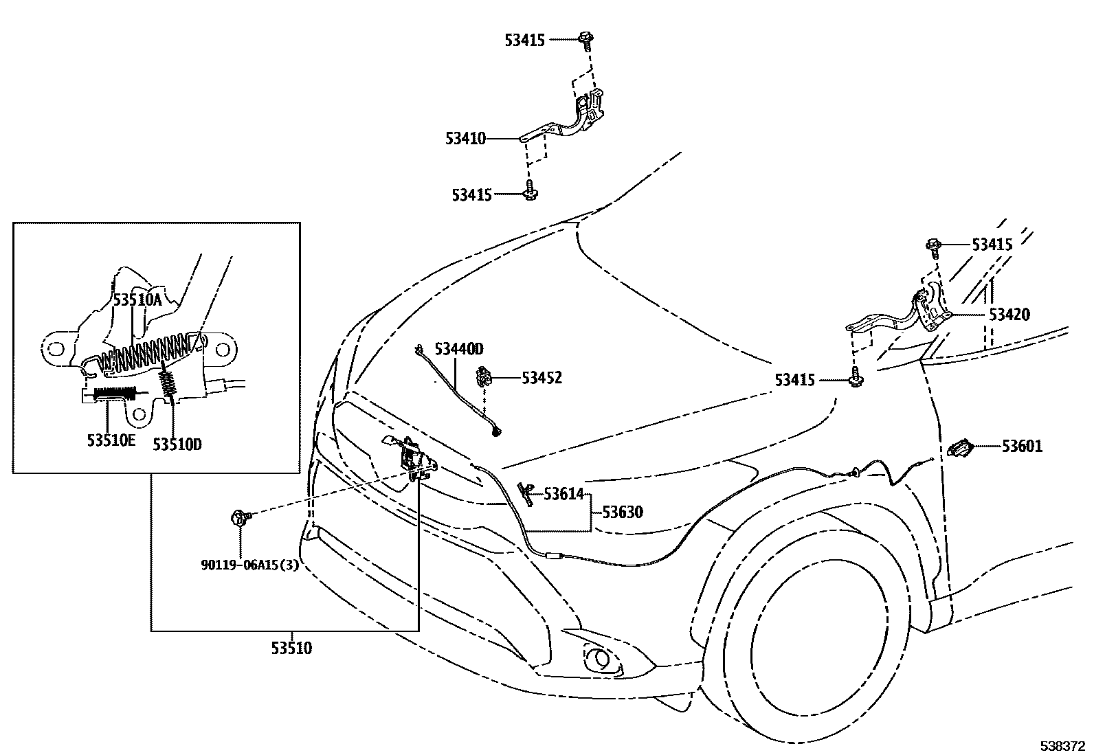 Toyota COROLLA 发动机盖锁和铰链 EPC diagram — 538372