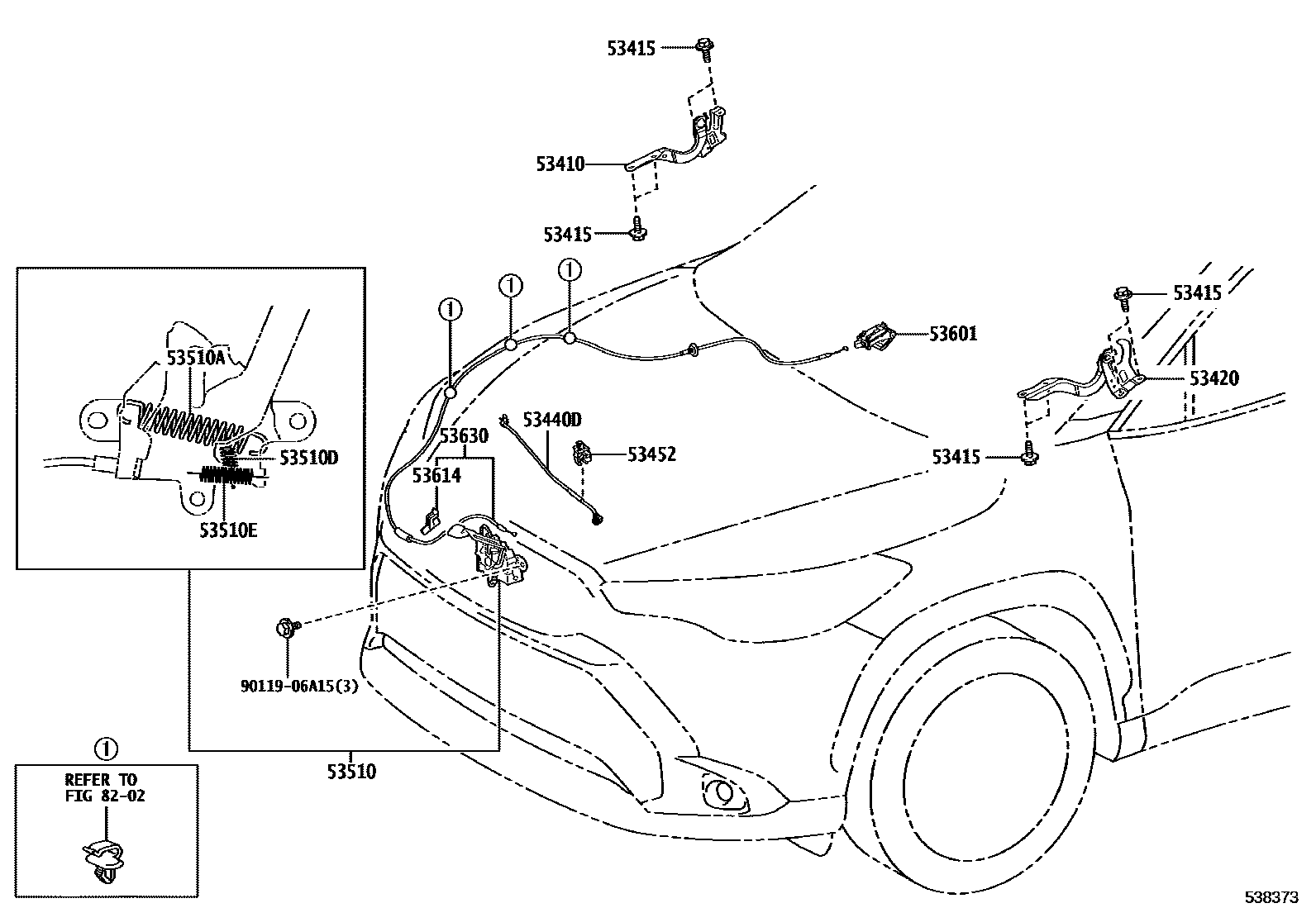 Toyota COROLLA 发动机盖锁和铰链 EPC diagram — 538373