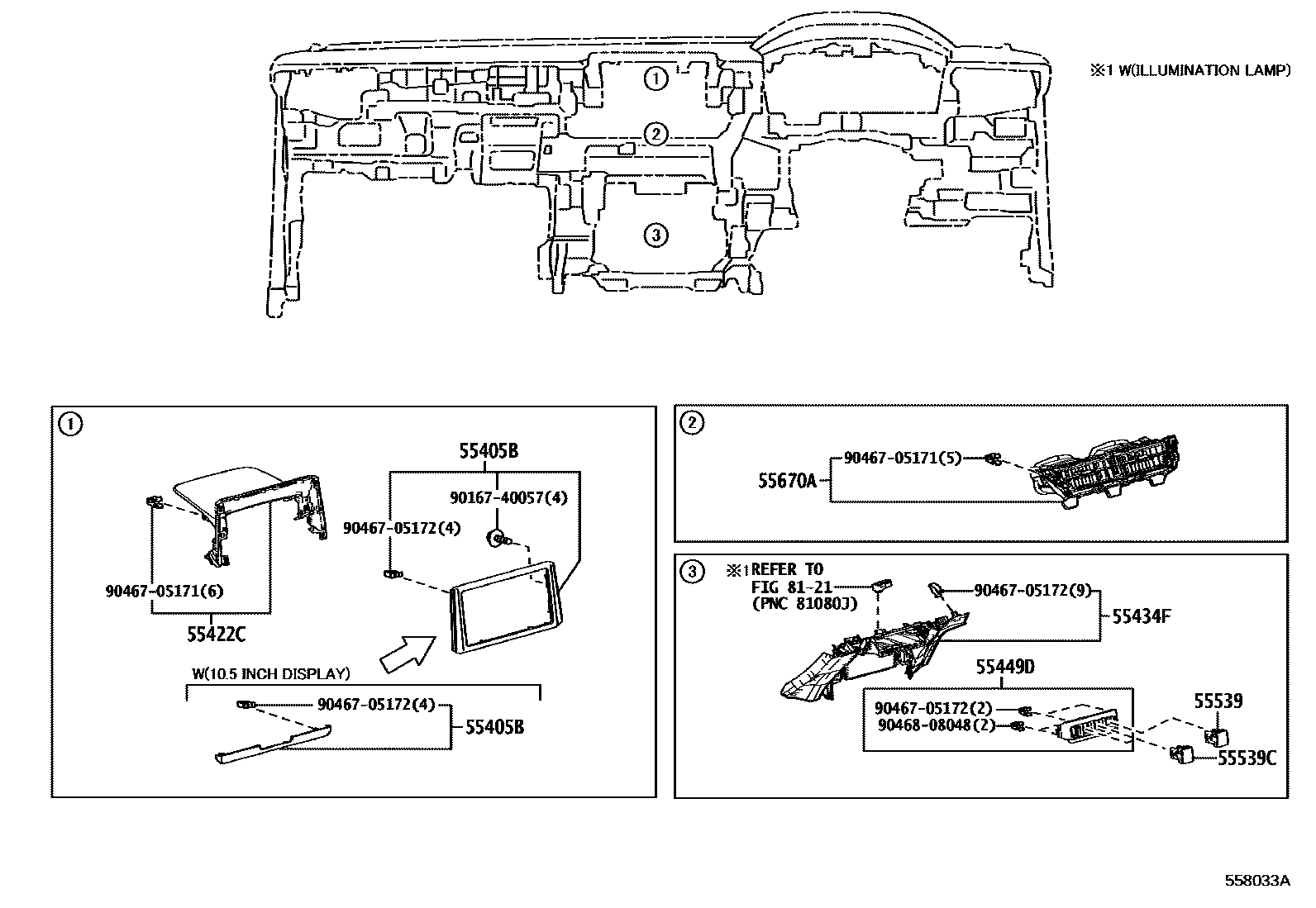 Toyota COROLLA 仪表板和手套箱 EPC diagram — 558033A