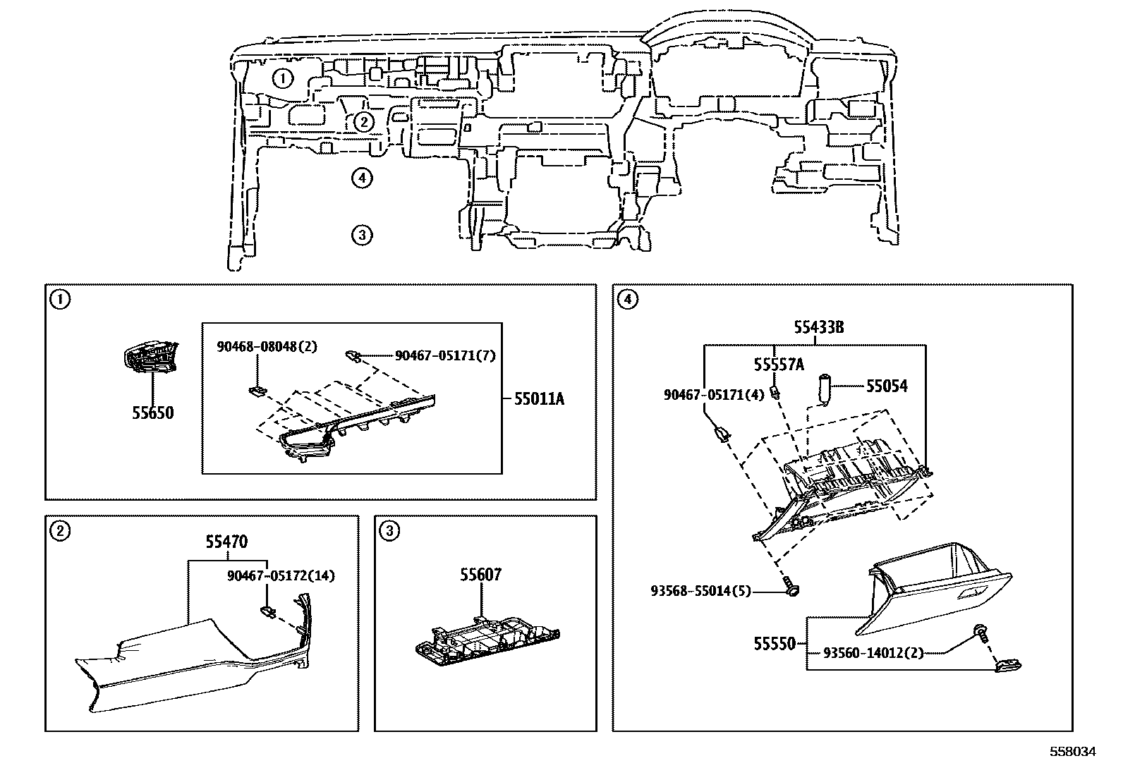 Toyota COROLLA 仪表板和手套箱 EPC diagram — 558034